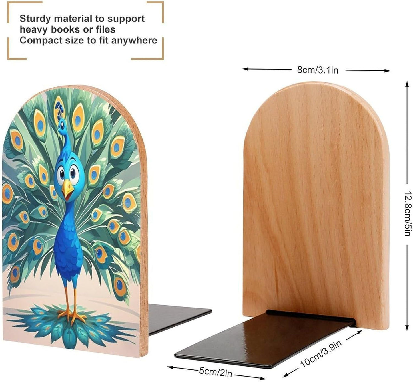 Cartoon Blue Peacock Bookends 1 Pair Heavy Duty Book Ends for Shelves Non-Skid Bookend Supports Wooden Book Holders with Metal Base Desk Organizers Books Storage to Hold Books