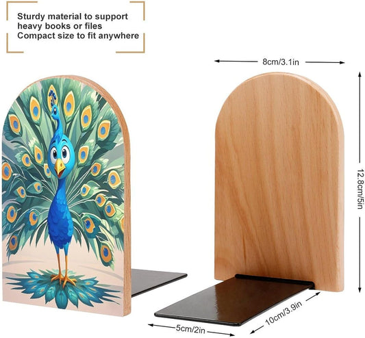 Cartoon Blue Peacock Bookends 1 Pair Heavy Duty Book Ends for Shelves Non-Skid Bookend Supports Wooden Book Holders with Metal Base Desk Organizers Books Storage to Hold Books