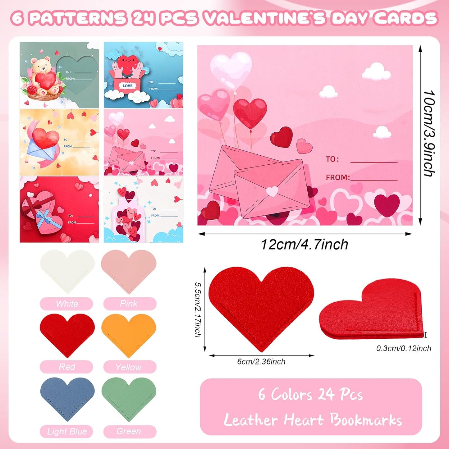 Epakh 24 Sets Valentine's Day Leather Heart Bookmarks with Cards Valentines Galentines Day Gifts Corner Page Bookmark for Reading Women Prizes Party Favor Supplies 6 Styles