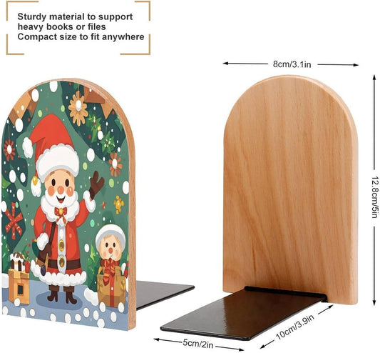 Christmas Spirit Bookends 1 Pair Heavy Duty Book Ends for Shelves Non-Skid Bookend Supports Wooden Book Holders with Metal Base Desk Organizers Books Storage to Hold Books