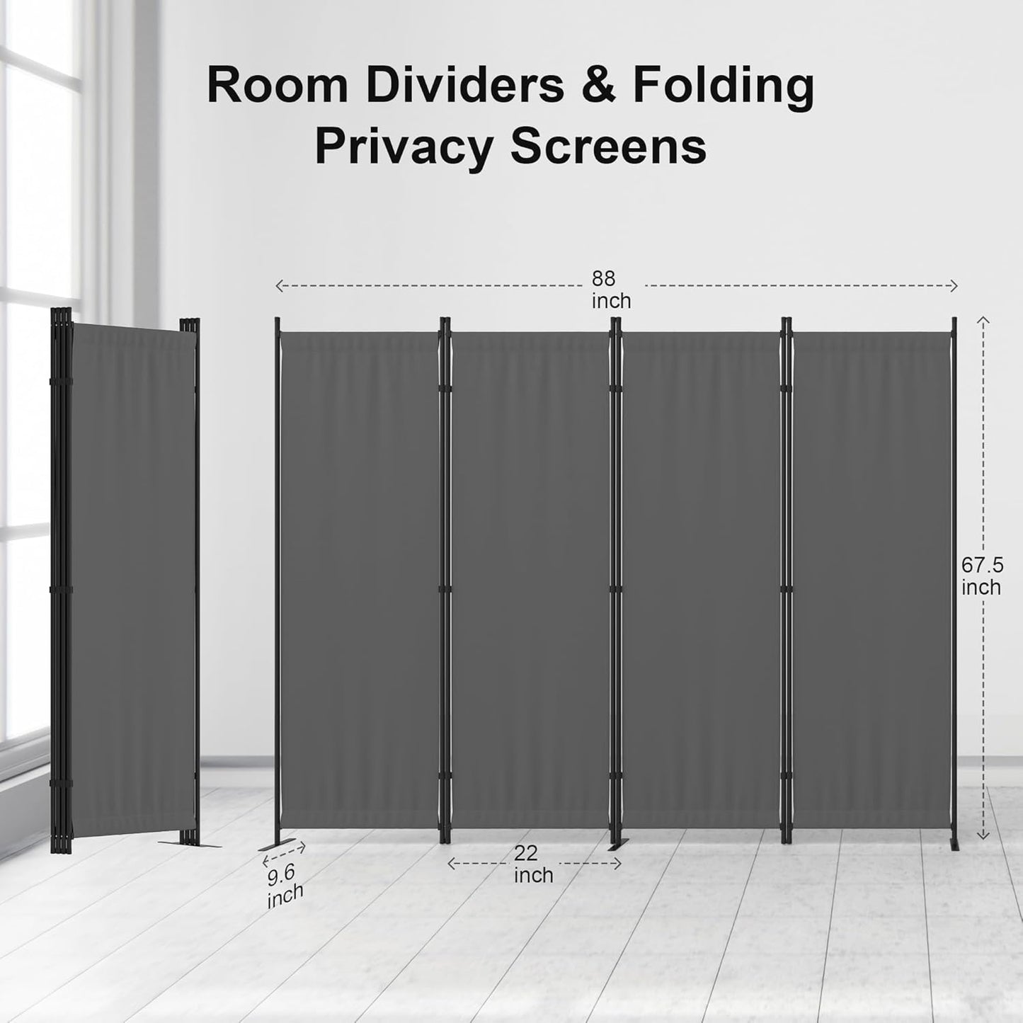 Privacy Screen Room Divider as Dressing Screen 4 Panel Wall Room Divider with 3 Wider Feet Portable Wall 6FT Partition Wall for Office Dining Room Children's Separate Rooms,Grey