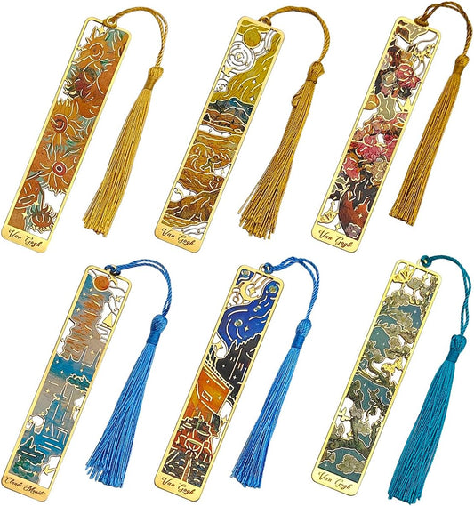 6 Pcs Metal Bookmark with Tassels, FineGood Golden Hollow Bookmarks for Women Oil Painting Book Marks for Reading Book Lovers