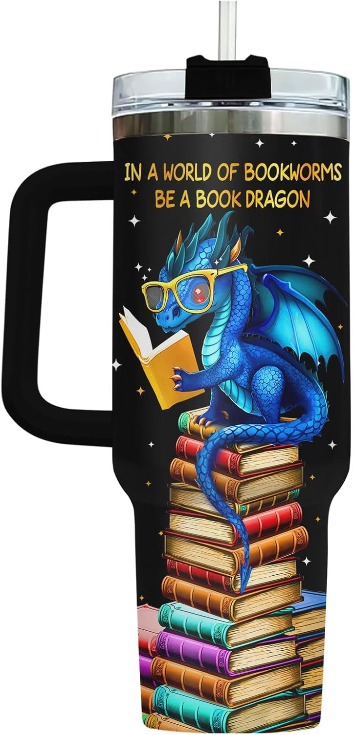 34HD Dragon Reading Books Tumbler 40oz with Handle and Straw, In a World of Bookworms Insulated Travel Coffee Mug, Bookish Items to Men & Women - Birthday Gifts for Book Lovers and Readers