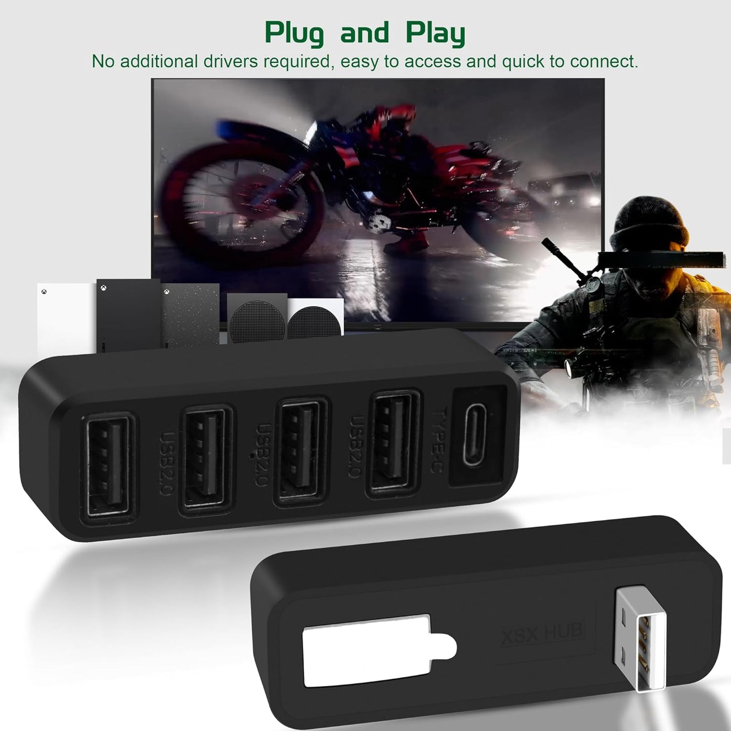 Joso 5 Ports USB Hub 2.0 for Xbox Series X & S, USB Splitter Expansion Adapter with Type-C for Controller Charger, Keyboard, Mouse & More - Black