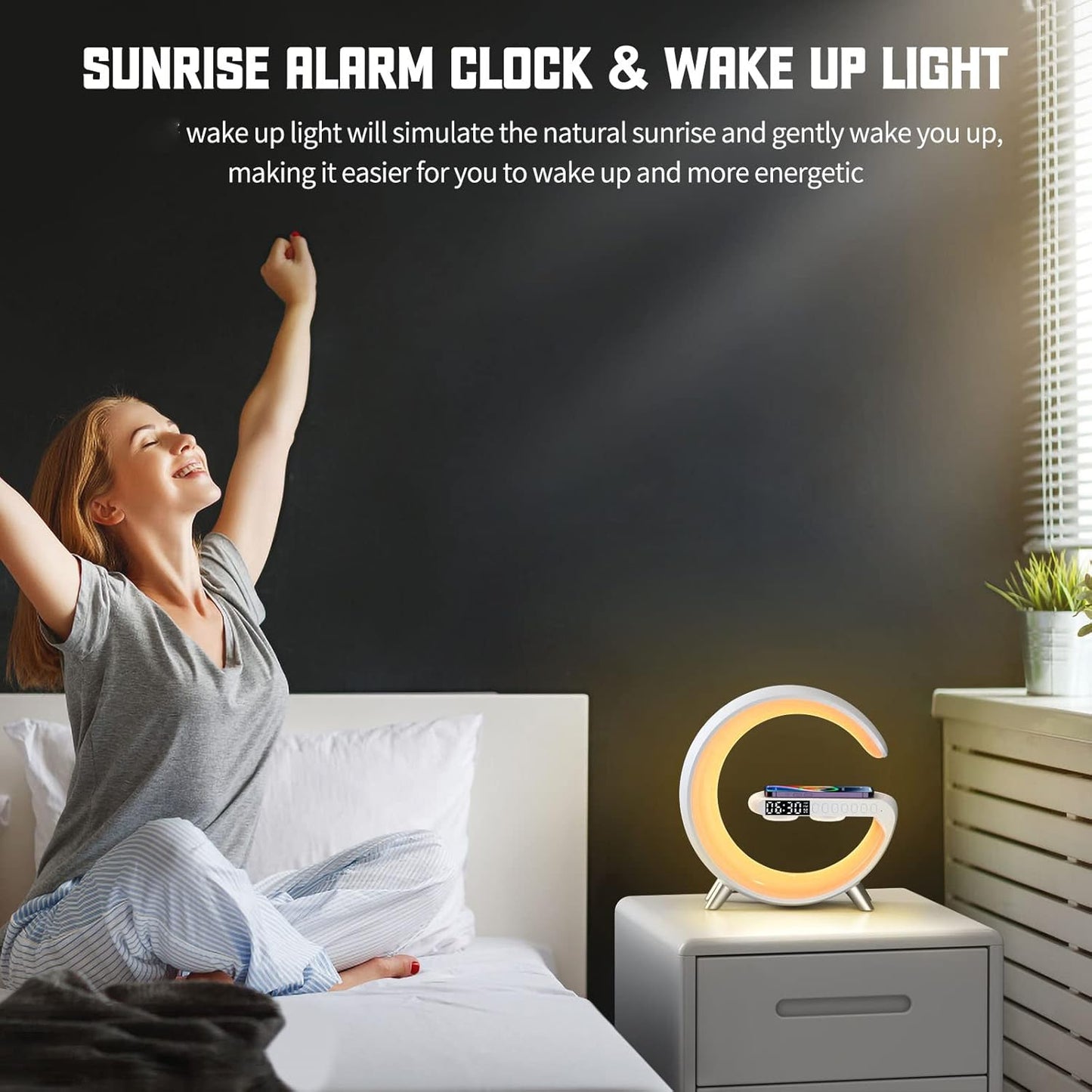 Smart LED Table Lamp, 4-in-1 Wireless Charger, Music Rhythm Ambient Night Light, Alarm Clock, and Bluetooth Speaker with App Control, G-Shaped Lamp for Bedroom, Office and Home Decor (White)