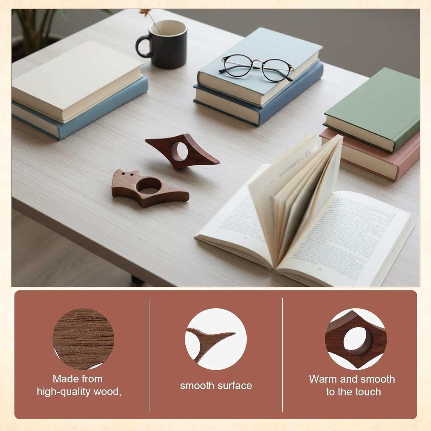 2pc Wooden Book Page Holder, Thumb Book Page Holder, Cat-Shaped Book Holder with Walnut Page Press, Lightweight Design for Reading Comfort