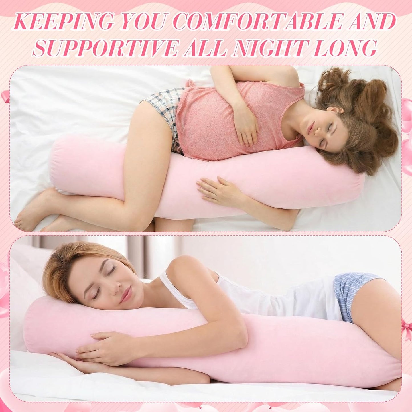 Chunful Body Pink Pillow for Adults 47" x 7.87" Long Lumbar Bolster Pillow with Removable Flannel Cover Pink Round Body Roll Cylinder Cushion for Bed Sofa Sleeping Lumbar Support