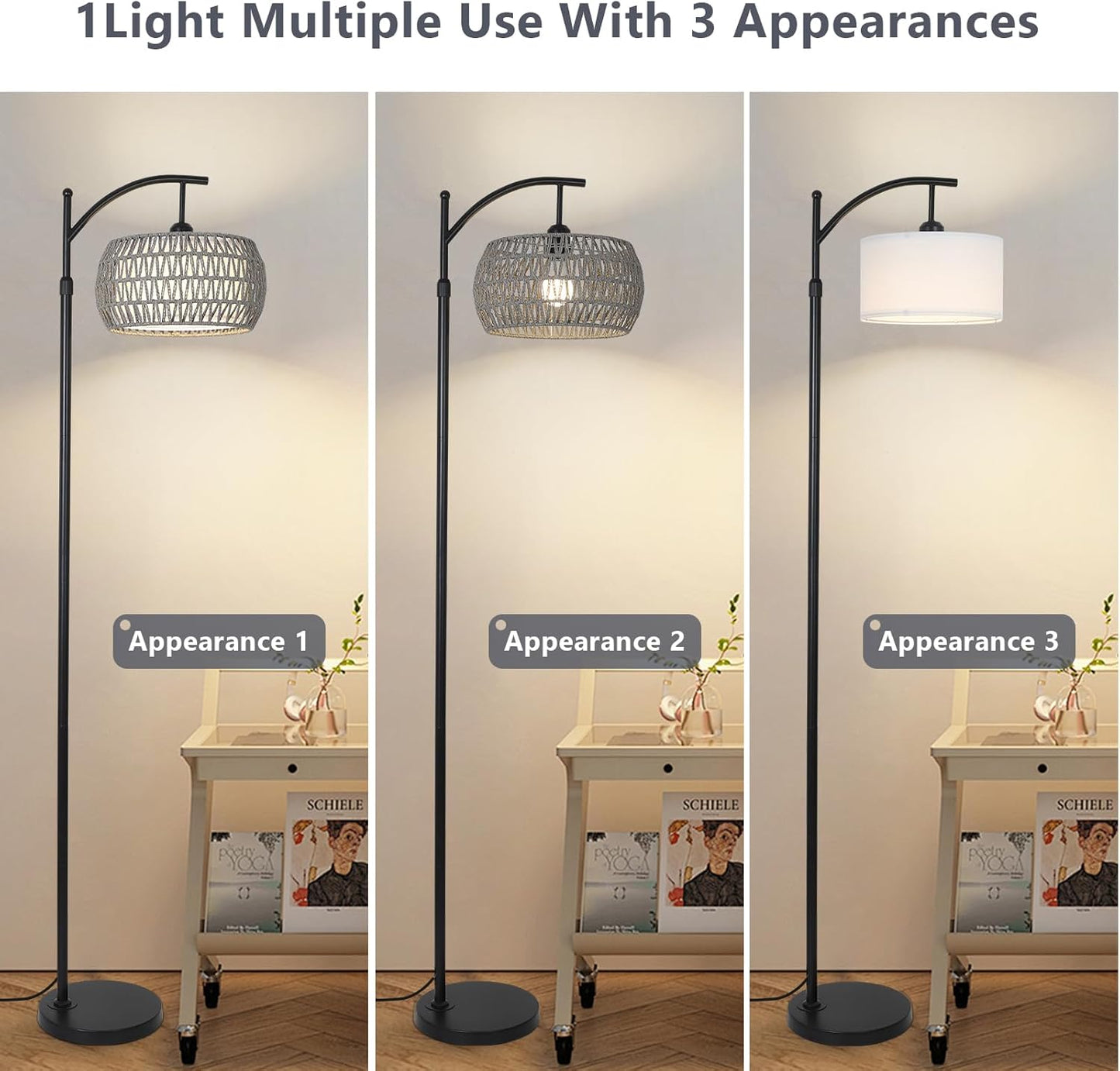 Arc Floor Lamp for Bedroom, Boho Standing Lamp with Remote & LED Smart Bulb, Rattan Floor Lamps for Living Room with 3 Color Temperatures, Height Adjustable Corner Tall Lamp, Stand up Light for Office