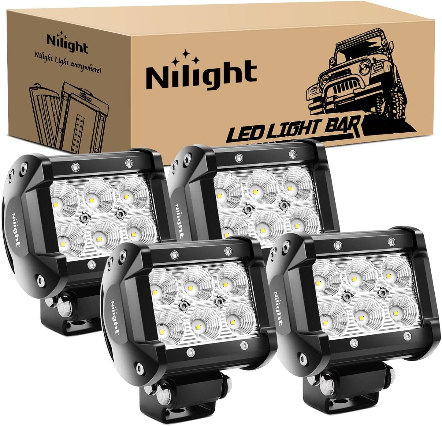 Nilight LED Pods 4PCS 18W 1260lm Flood LED Light Bar Driving Fog Light Off Road Lights Work Light 24V 12V For Motorcycles Van Camper Wagon Car Pickup ATV UTV SUV Truck Boat, 2 Years Warranty