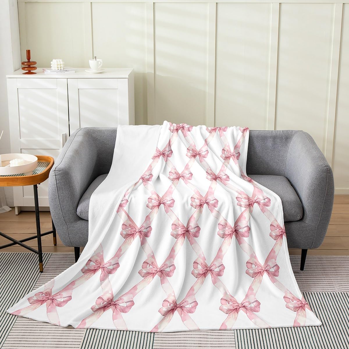 Manfei Pink Bowknot Flannel Blanket for Kids,Dreamy Princess Style Kids Girls Fleece Throw Blanket for Bedroom Sofa Dorm,Watercolor Bow Geometric Grids White Bed Blanket,Baby (30 x 40 Inches)