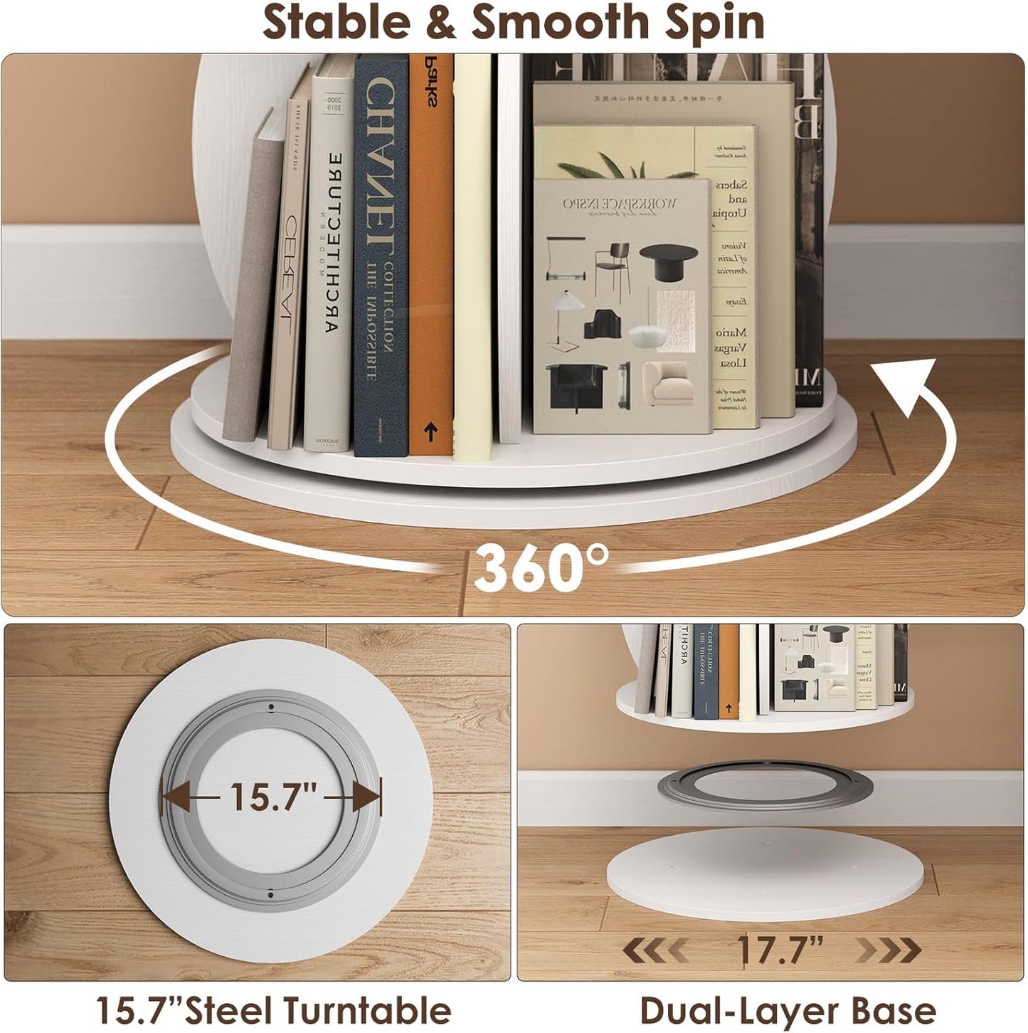 Rotating Bookshelf Tower, 5-Tier Spinning Book Shelf, 360° Revolving Bookcase, Freestanding Corner Bookshelf Organizer for Small Space, Wood Narrow Bookshelf for Living Room, White