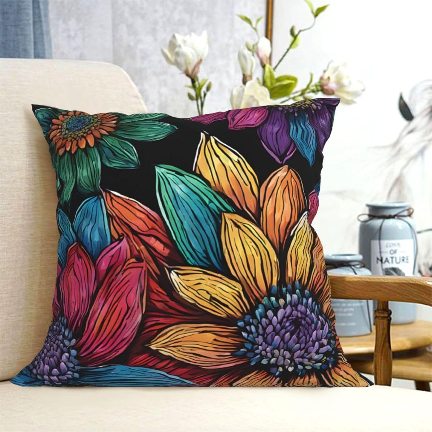 All-Season Square Pillow Covers 18"X18", Sunflowers, Decorative Throw Pillow Covers for Sofa Bed Couch, Hidden Zipper Cushion Cover, Square Lumbar & Accent Pillowcases for Home Decor