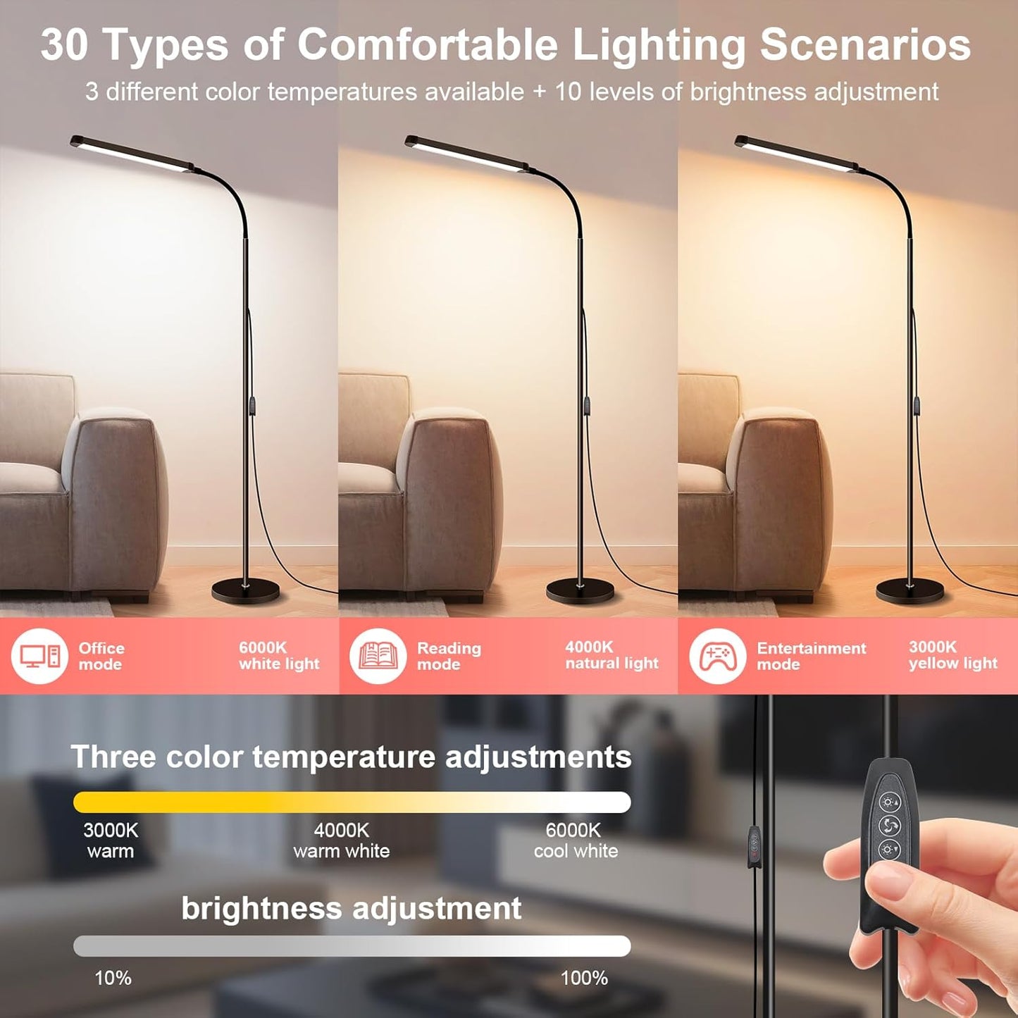 Modern LED Floor Lamp for Reading in Black, Bright 12W Dimmable Standing Light with Adjustable Gooseneck, 3 Color Temperatures, for Living Room corner, Office, Study Room, bedroom bedside nursery,lash