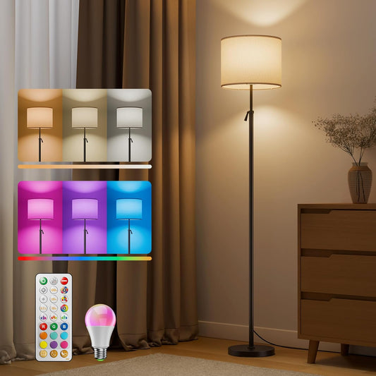 Floor Lamp for Living Room with RGBCW Color Changing Bulbs Dimmable, Adjustable Height Standing Lamp with Remote Control, 10W 1200 Lumen, Tall Lamp for Living Room, Bedroom, Office, Black