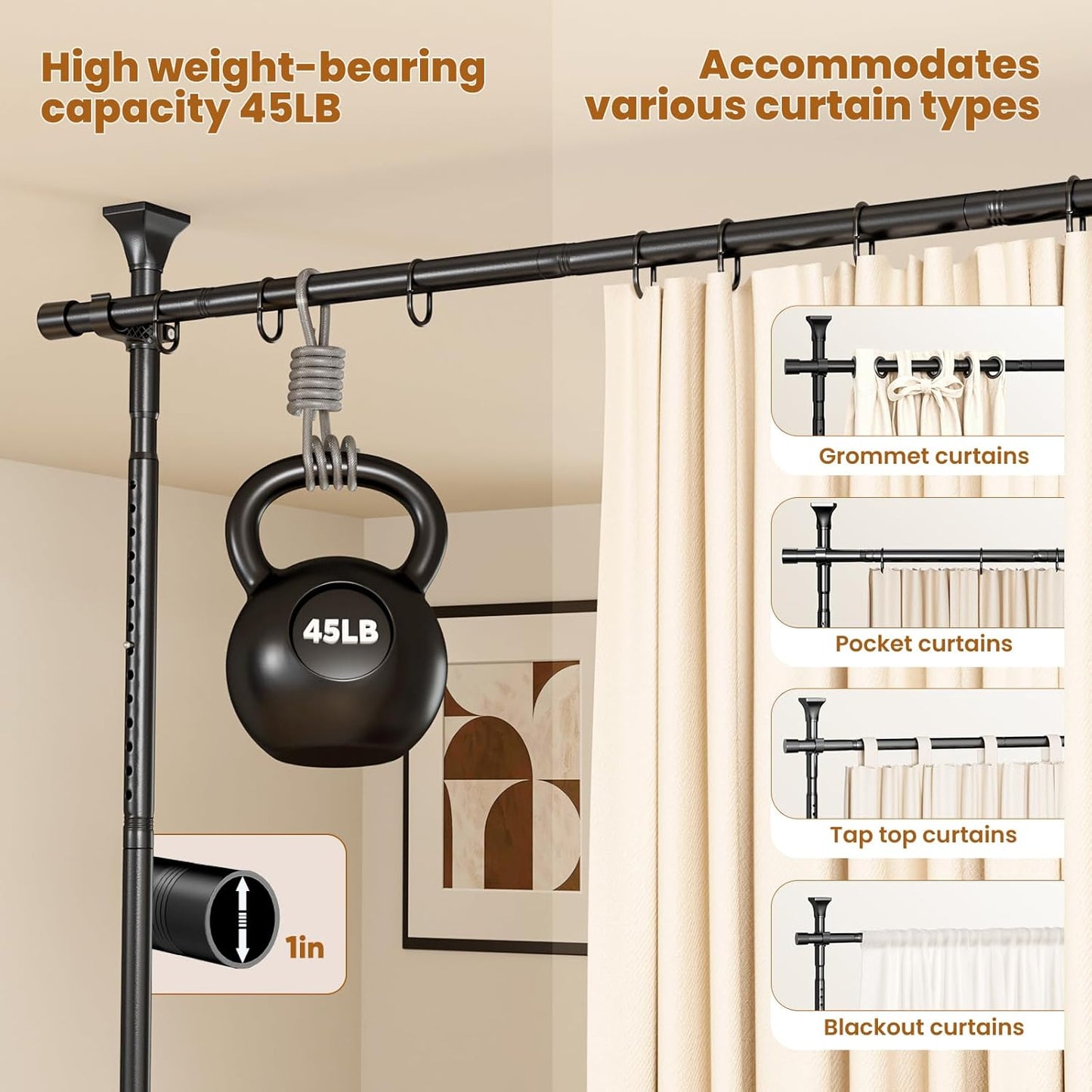 Abiglifty Room Divider Curtain Rods No Drilling, Adjustable 4-10Ft(H) Wall Divider for Room Separation, Temporary Privacy Tension Curtain Rods, Freestanding Space Room Separator, Black