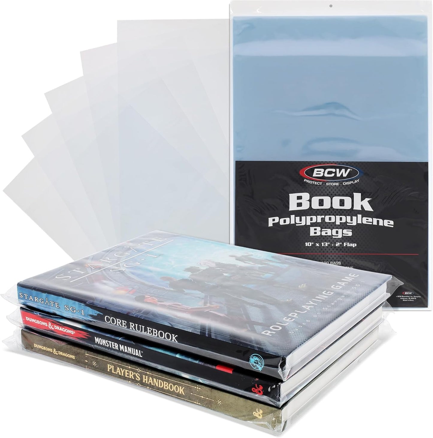 BCW Book Storage Bags – 100 Pack | 10" x 13" + 2" Fold-Over Flap | Archival-Safe Polypropylene Sleeves for RPG Books, Manuals & Magazines | Crystal Clear Book Protector Bags