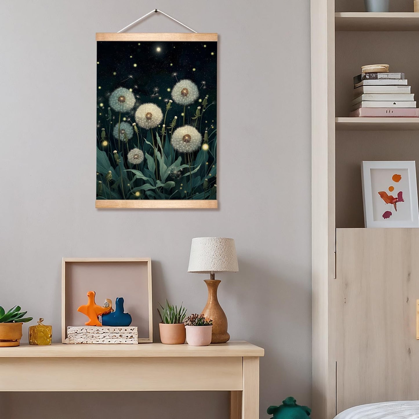 HEYJEEPER Dreamy Dandelion Wall Art, Night Botanical Firefly Linen Poster, Whimsical Nature Aesthetic Artwork Wall Hanging Decor for Living Room or Meditation Space,Calm Home Decor Gift 14x18inch (Dandelion)