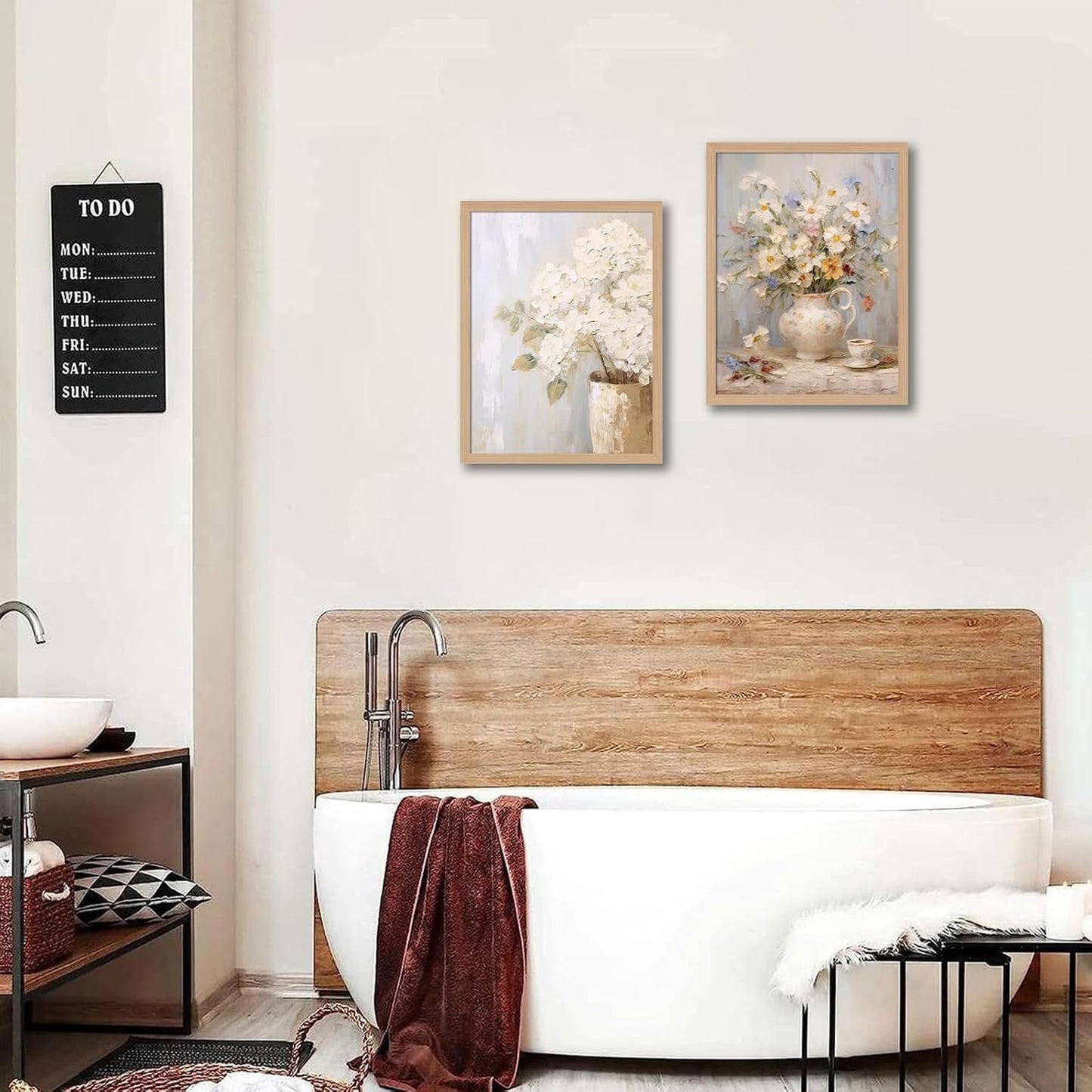 2Pcs Framed Vintage Canvas Wall Art, White Hydrangea Floral daisy Wall Decor Paintings, Flower Pictures Prints Aesthetic Home Decor for Living Room Bedroom Bathroom Office 12x16 inch Ready to Hang