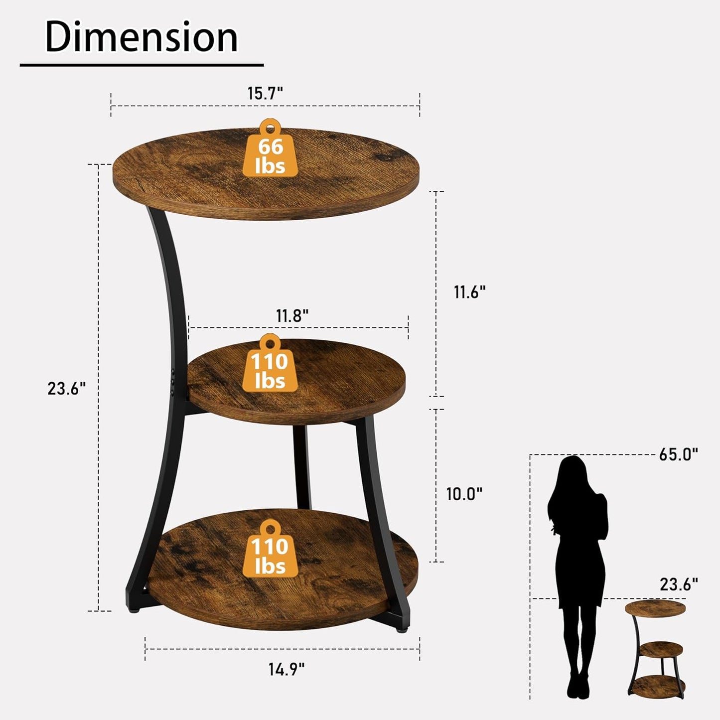 Round Side Table, 15.7" 3-Tier End Table for Living Room, Vintage Accent Table for Small Spaces with Sotage Shelf, Nightstand Wood Metal Coffee Table for Sofa Couch Bedroom, Rustic Brown, Large