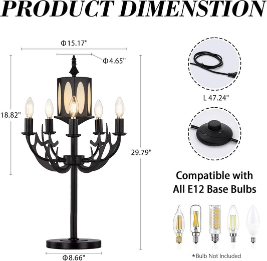 Wellmet Vintage Black Table Lamp, 5-Light Farmhouse Modern Table Lamp, for Living Room, Entryway, Hallway, Bedroom, Reading Room, (E12 Bulb Base)