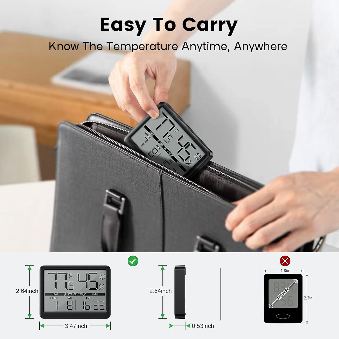 Deeyaple Humidity Meter Thermometer Digital Travel Clock Magnetic Battery Powered High Accuracy Display Temperature(℉/℃) Date 12/24H Time LCD Large Number Outdoor Indoor Hygrometer No Alarm