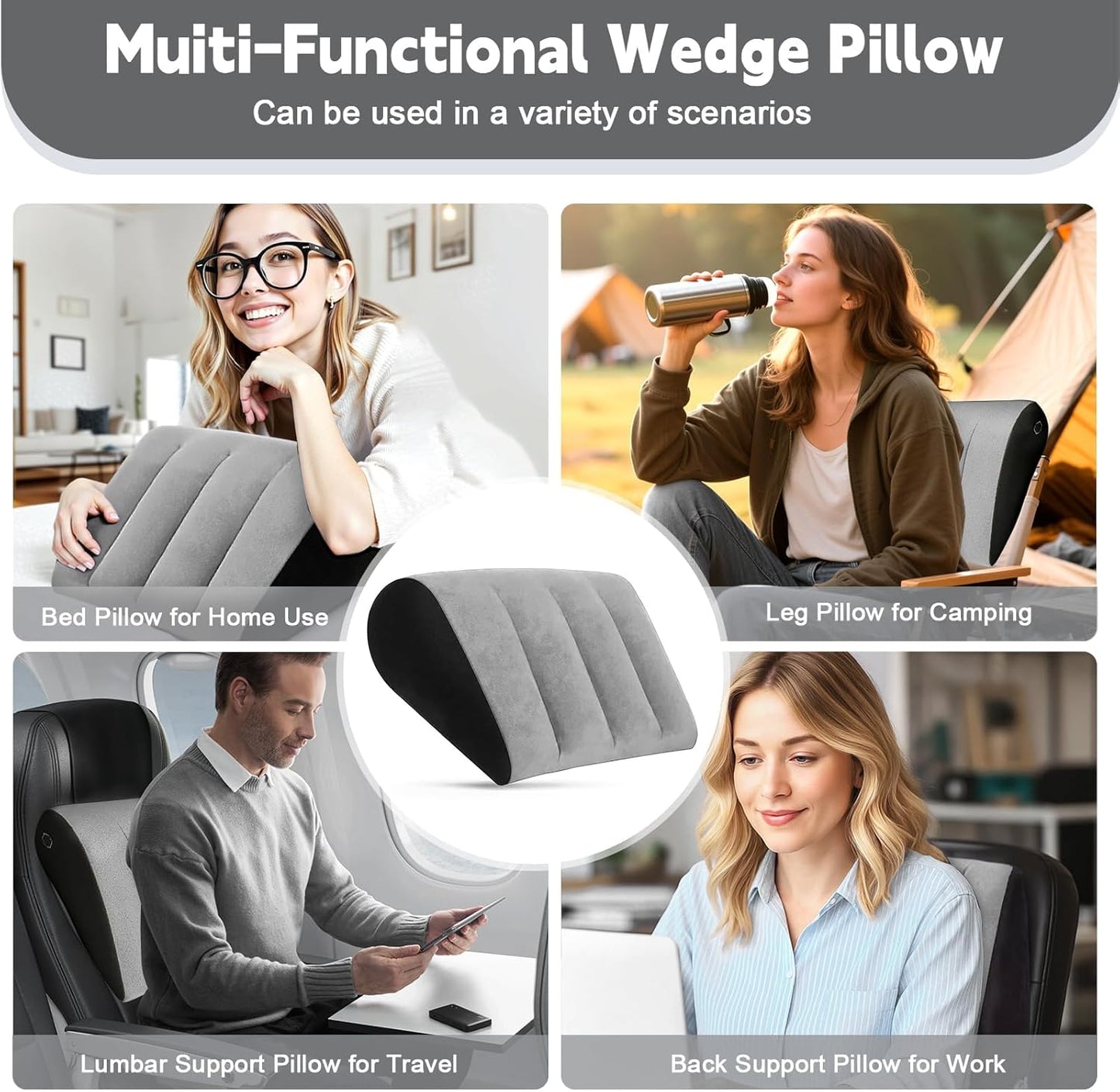 TheClover Inflatable Wedge Pillow for Sleeping & Travel - Portable Leg Elevation Pillow with Eye Mask, Adjustable Bed Wedge for Acid Reflux,Camping, Car, Office,Airplane (Grey)