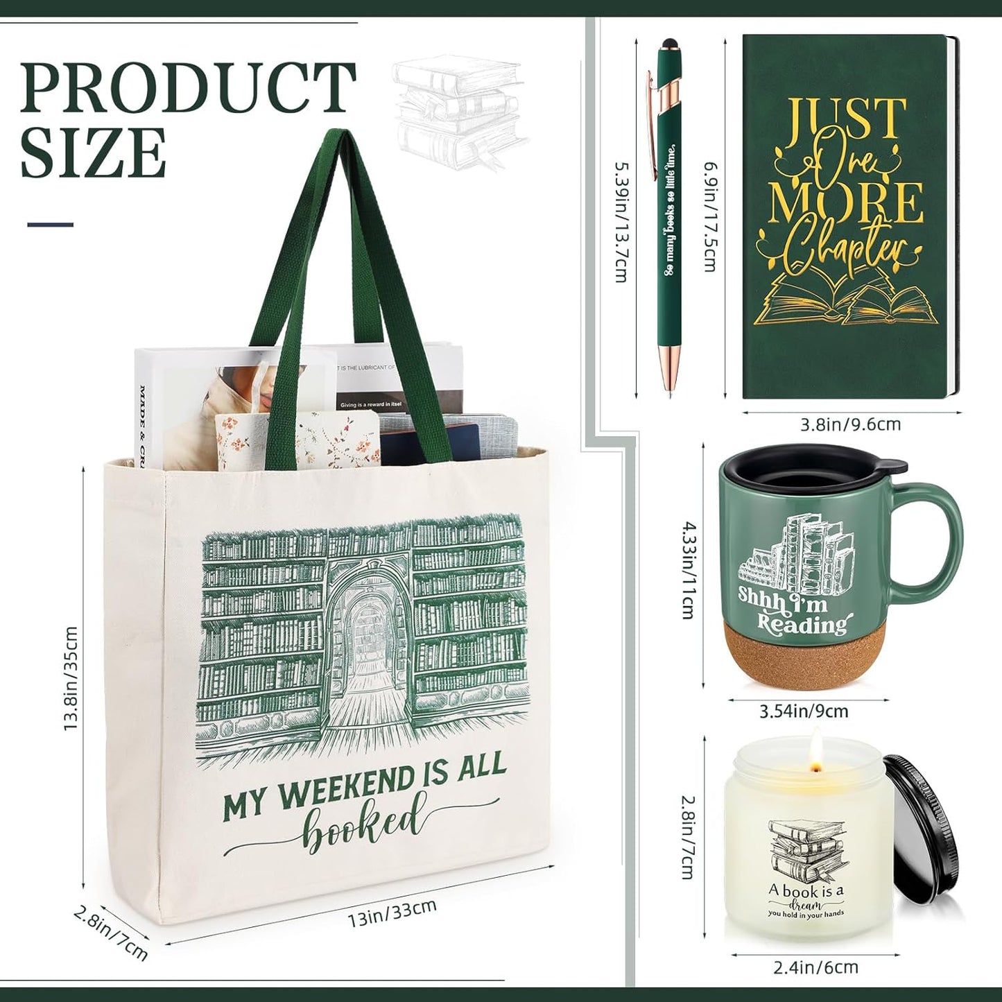 Moinchore Set of 5 Book Lovers Gifts for Reader Canvas Tote Bag Journal Notebook and Ballpoint Pen Ceramic Coffee Mug with Cork Bottom Scented Candle for Teen Teacher Librarian Bookish Author (Green)