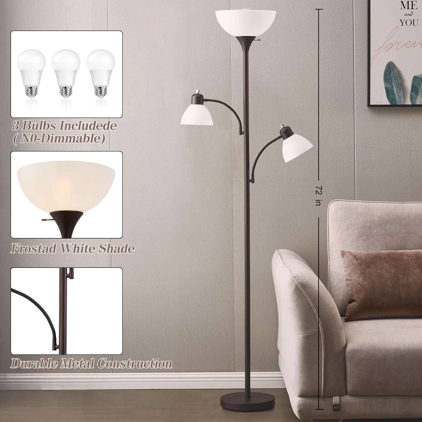 Luvkczc Floor Lamps for Living Room, 72" Tall Standing Lamp, Torchiere Lamp with 2 Reading Lamps, Industrial Bright Floor Lamp for Bedroom, Office, Dresser, Brown Lamps, 3 LED Bulbs Included