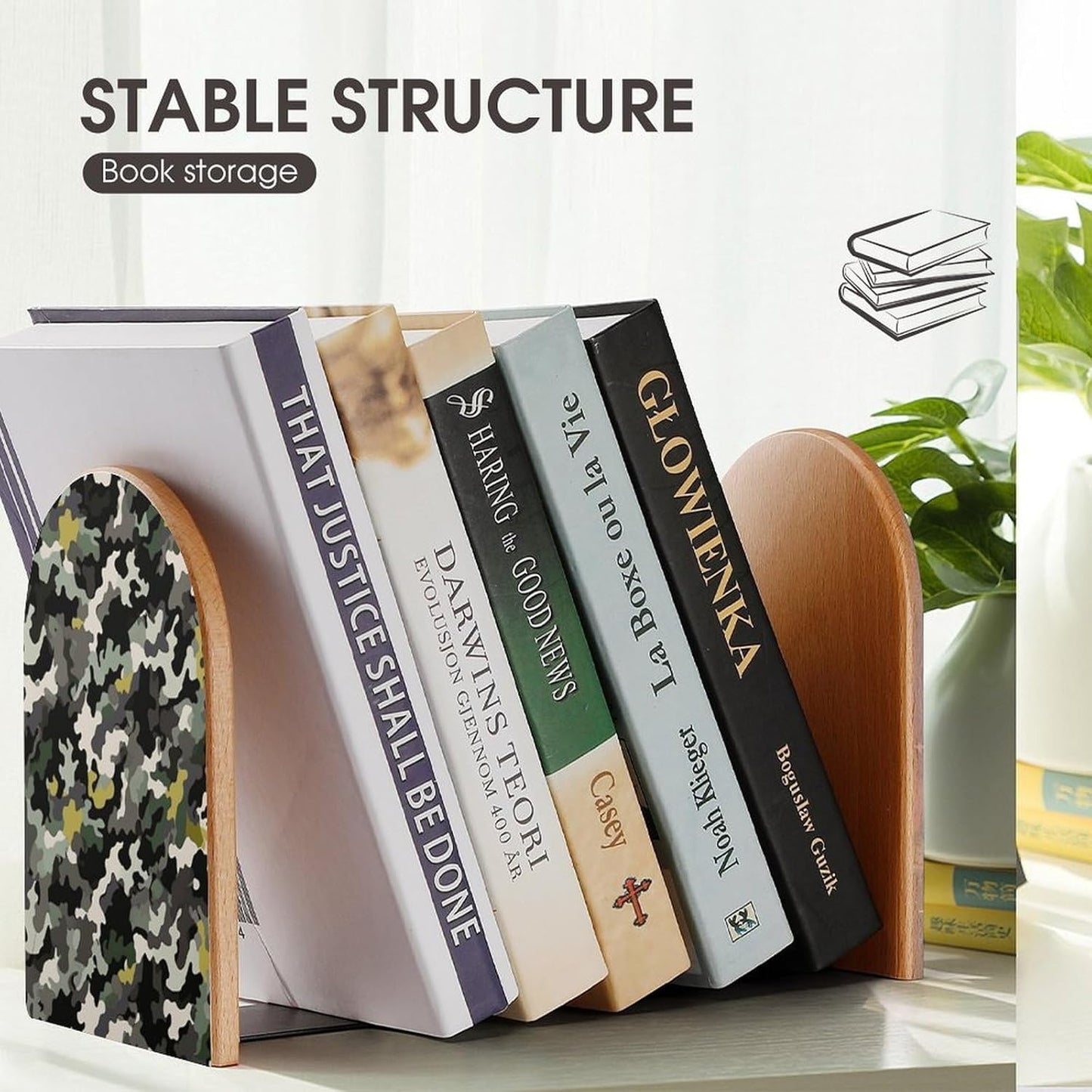 Abstract Camouflage Bookend for Shelves Wooden Book End Large Size Sturdy Book Holders Stoppers with Metal Base for Bookshelves Slick Decorative Bookends Stands
