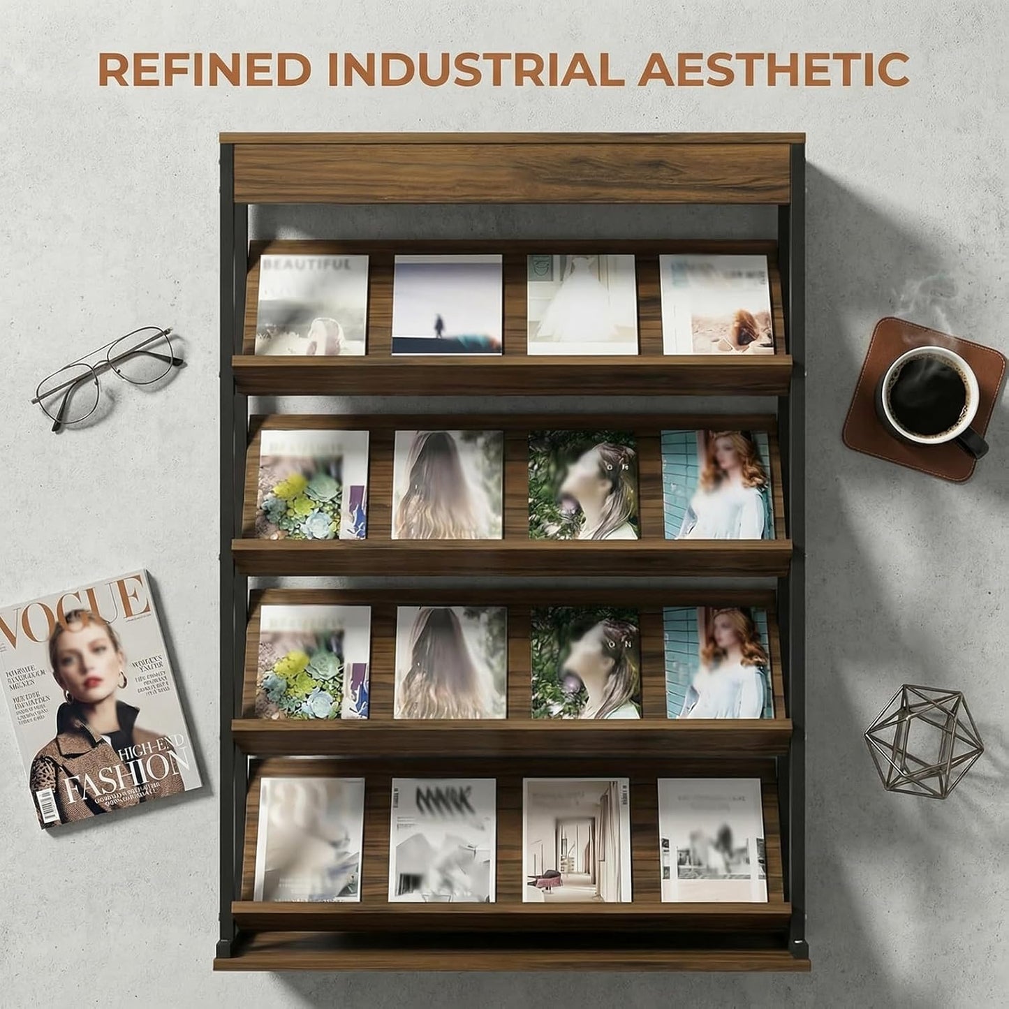 Industrial Magazine Rack,Floor-Standing Brochure Display Stand with Carbon Steel Frame, Wooden Literature Organizer for Office, Waiting Room, Retail Store(39.3"*11.8"*65", Natural Wood)