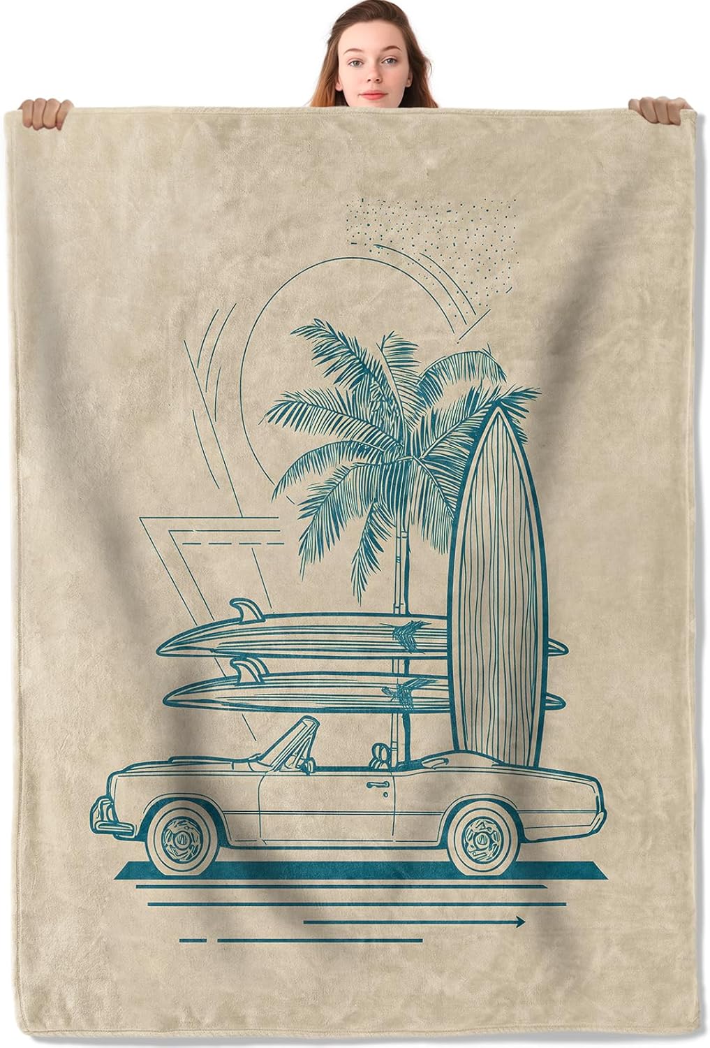 Summer Surfing Flannel Blanket Car Surfboard and Palm Tree Design Warm Lightweight Throw Blankets for Sofa Picnic Travel and Gathering Decorate All Season Use Ocean Lovers Gifts 50x60in