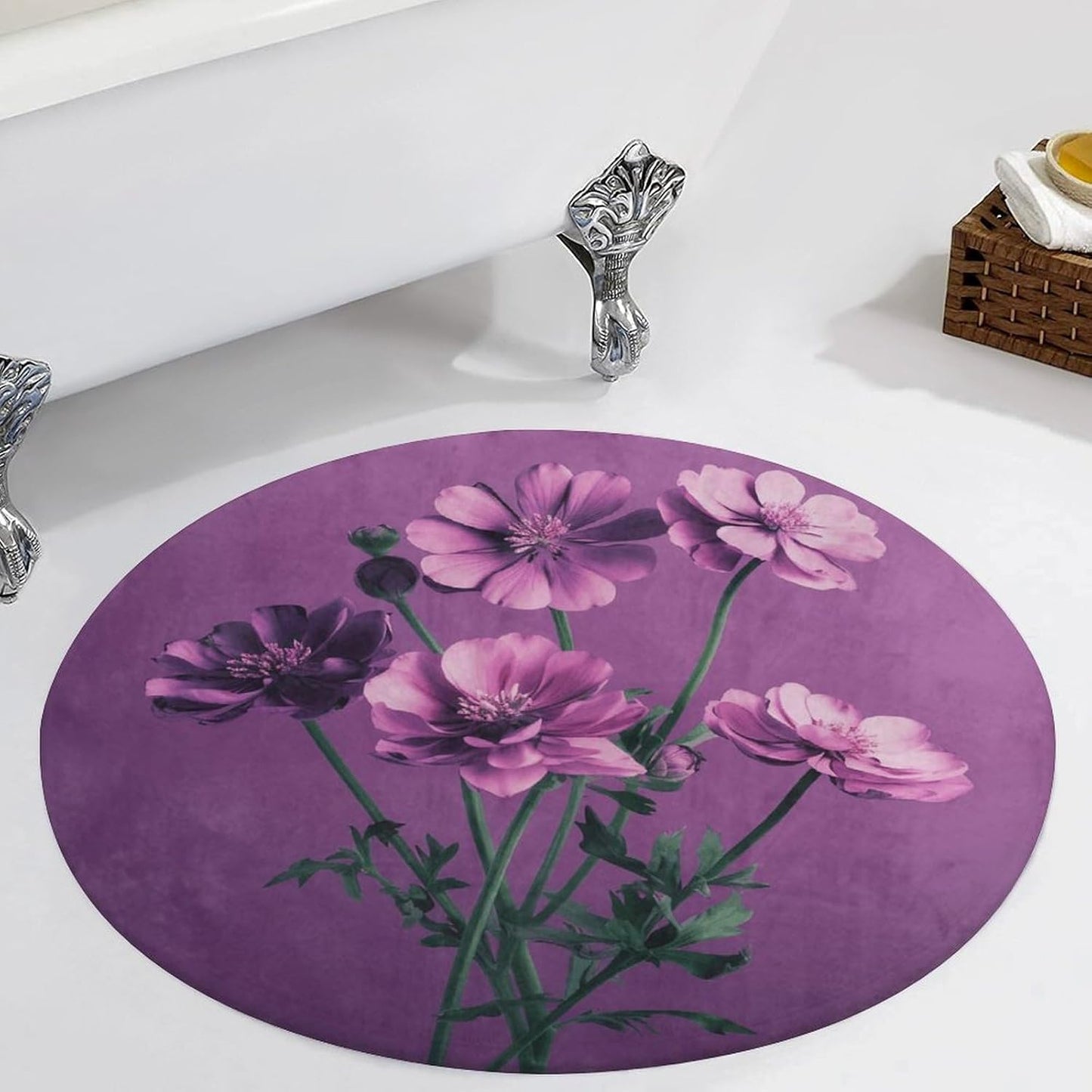 Beautiful Purple Flowers Circle Rug Retro Luxury Coral Velvet Floor Mat Non Slip Soft Indoor Floor Carpet Comfy Thickened Area Rugs Modern Aesthetic Minimalist Carpets for Home Decor
