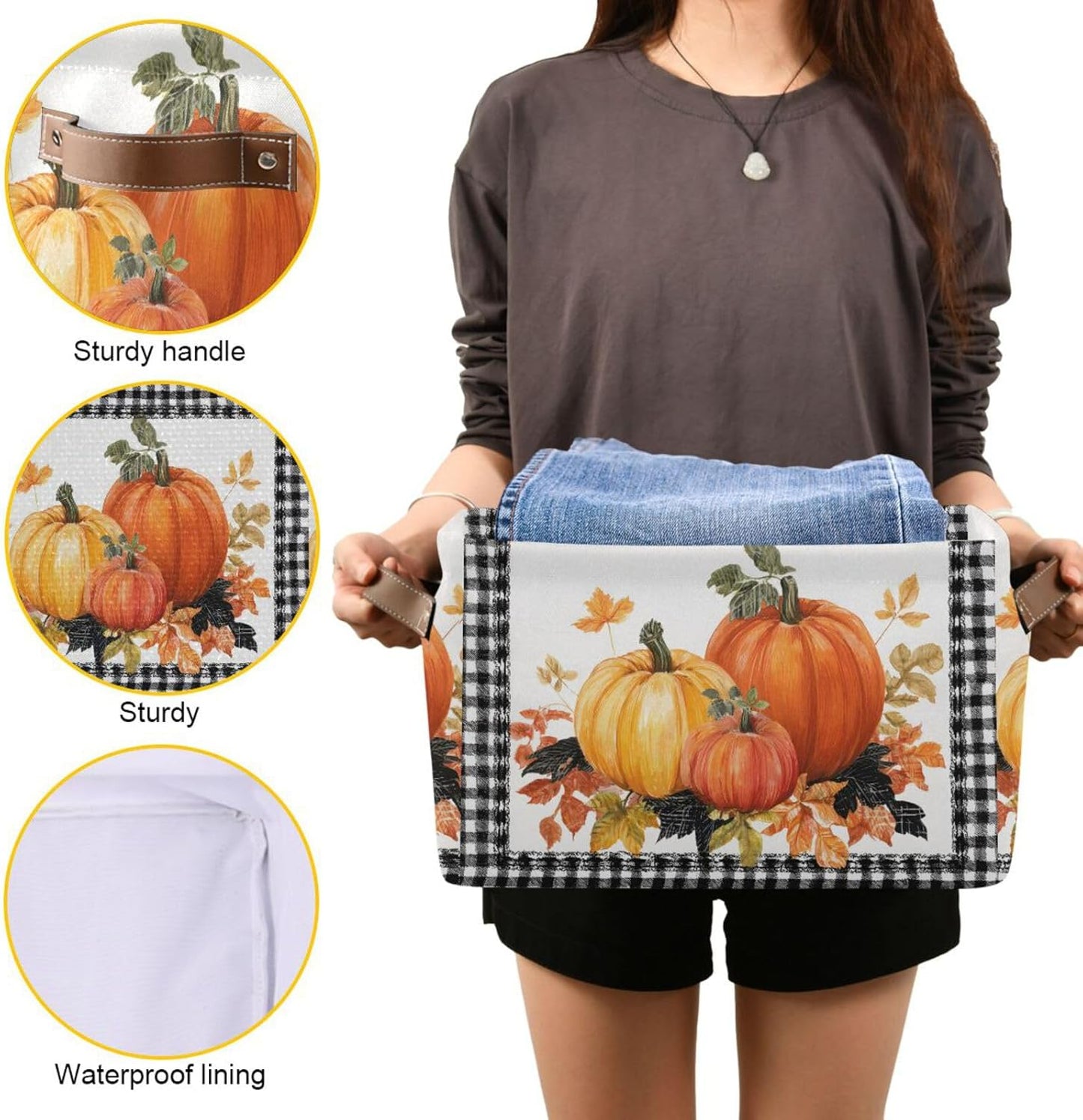 Thanksgiving Day Storage Basket, Leaves Pumpkin Autumn Foldable Fabric Collapsible Storage Bins Organizer Bag for Clothes
