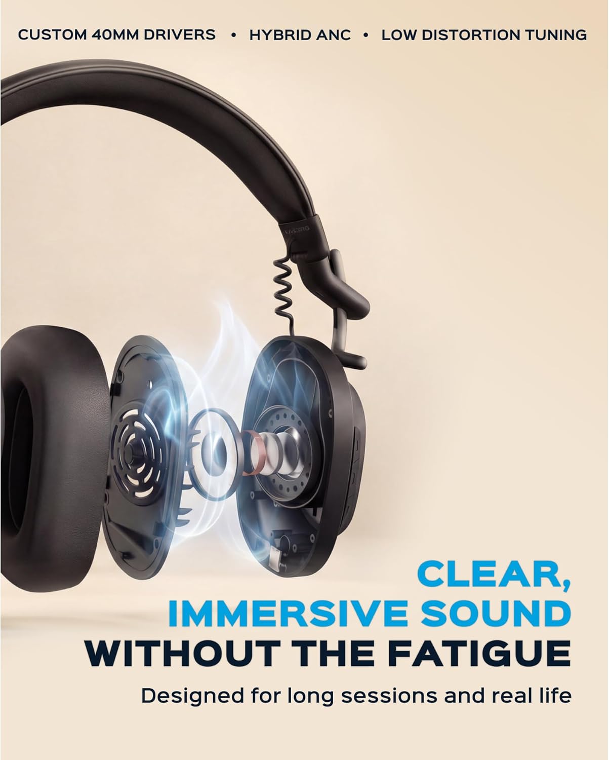 TREBLAB Bluetooth Headphones Over the Ear, Noise Cancelling, Hybrid ANC, 64H Battery, IPX4, Foldable Wireless Headphones with Mic, Lightweight, Work and Travel – U5