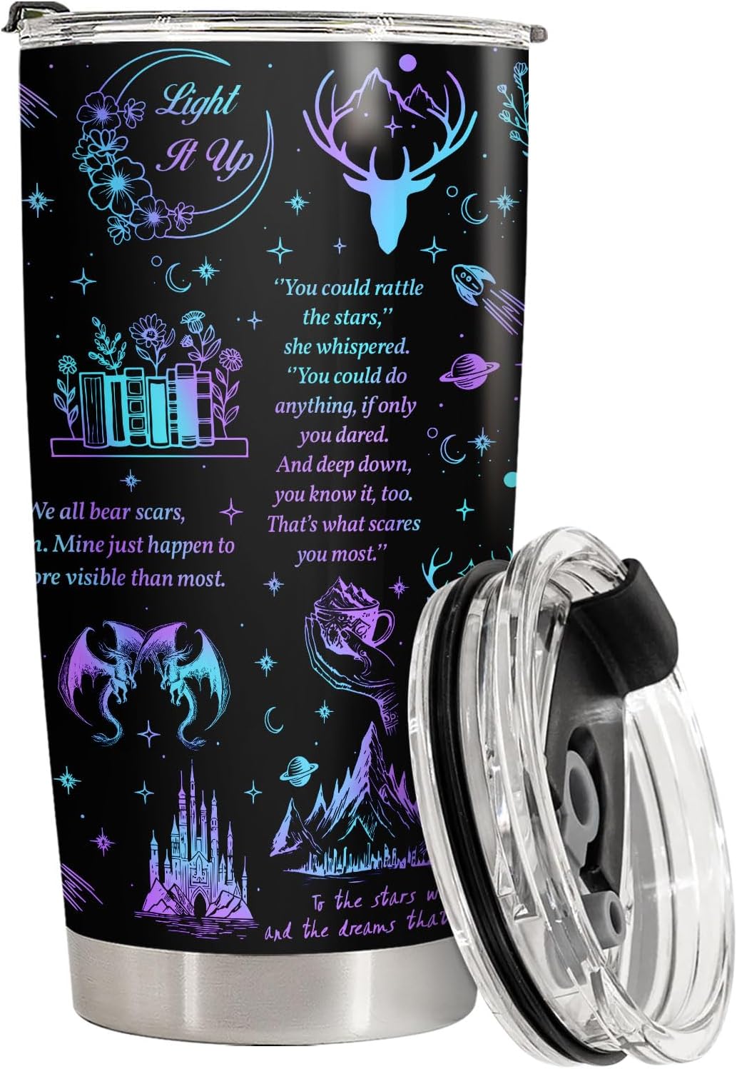 34HD Galaxy City of Starlight Tumbler 20oz Stainless Steel Insulated - Fantasy Book Lover Gift for Readers - Double Wall Vacuum Travel Mug Black Deer Castle