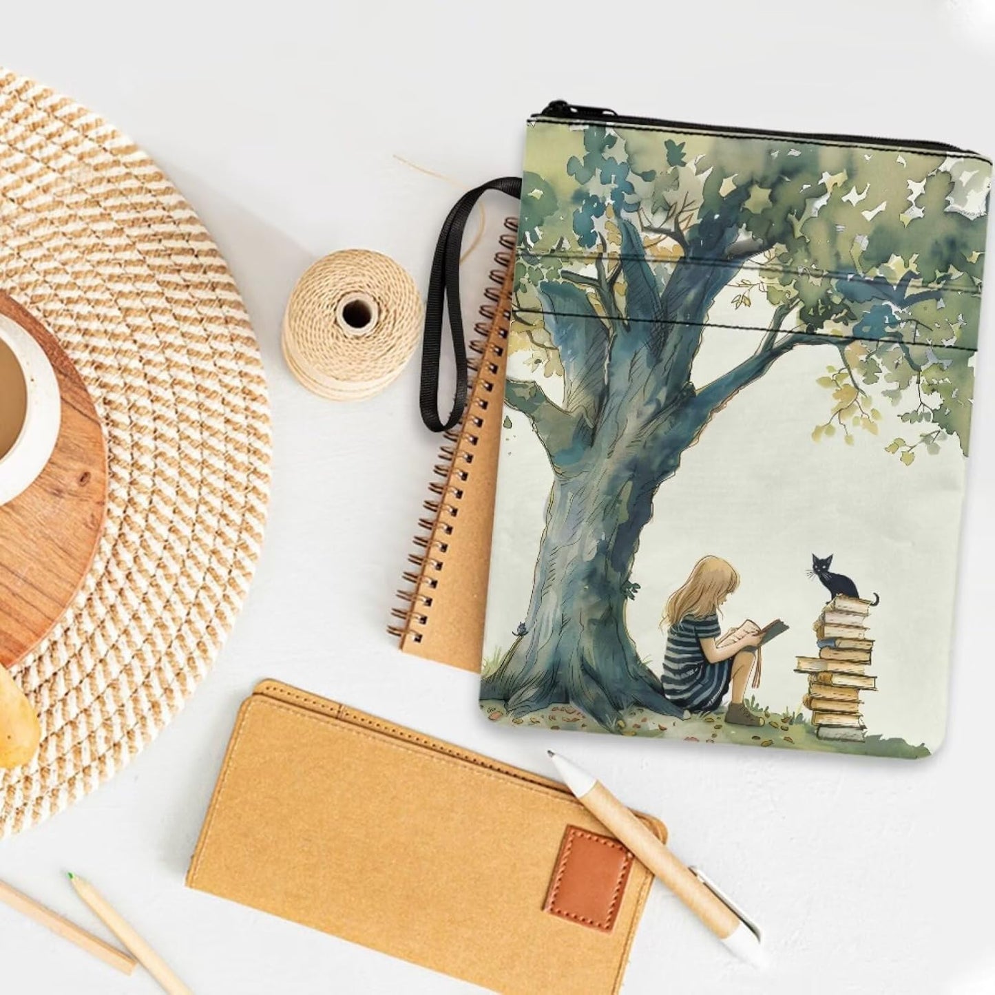 chaqlin Reading and Nature Book Sleeve with Zipper & Front Pocket 11.4x8.7 Inch Washbale Bible Cover Protector Book Lovers Gift for Travel