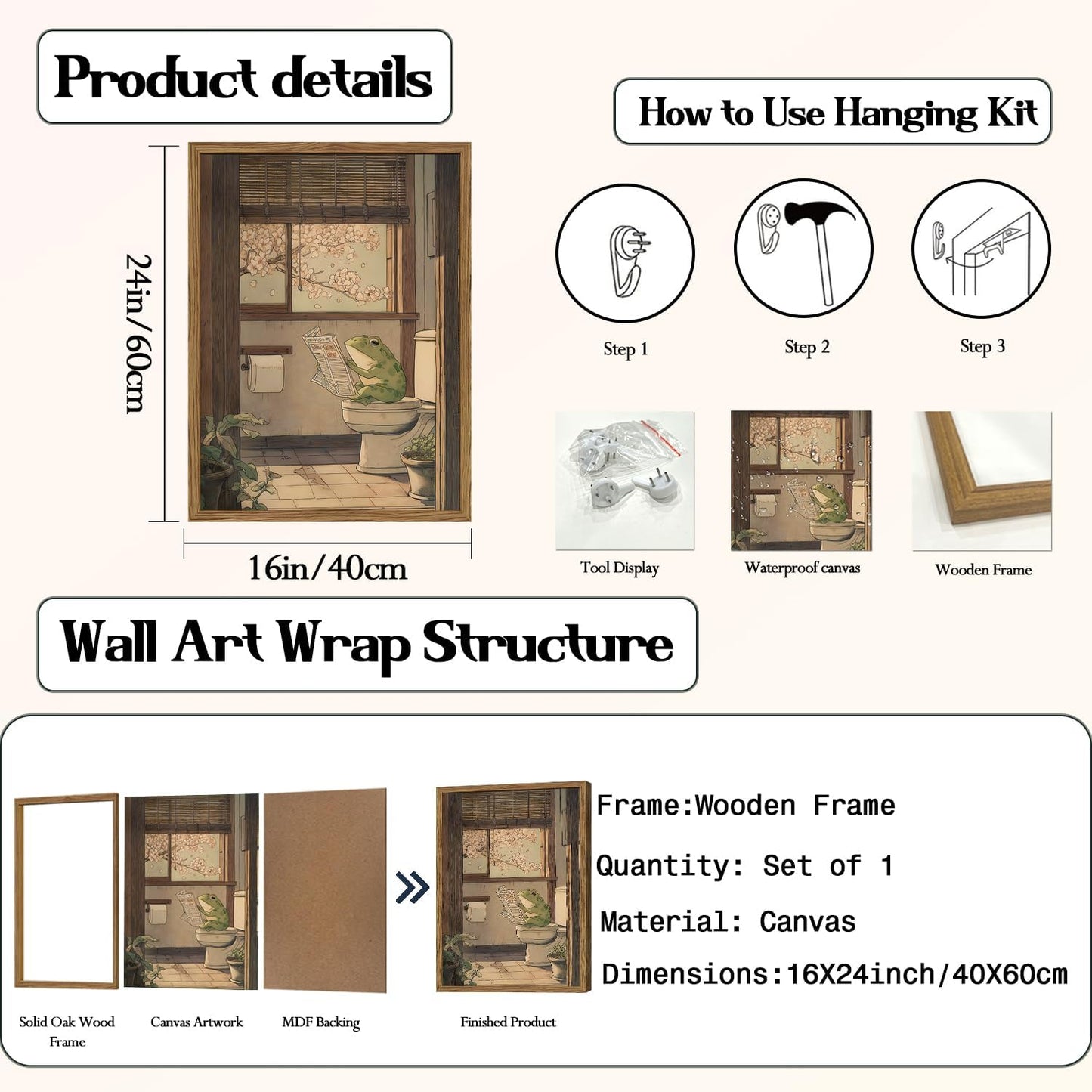 Funny Japanese Frog Bathroom Wall Art Whimsical Frog Reading Newspaper on Toilet Wall Decor Picture Vintage Animal Restroom Poster Canvas Painting Print 16x24 inch Wood Framed