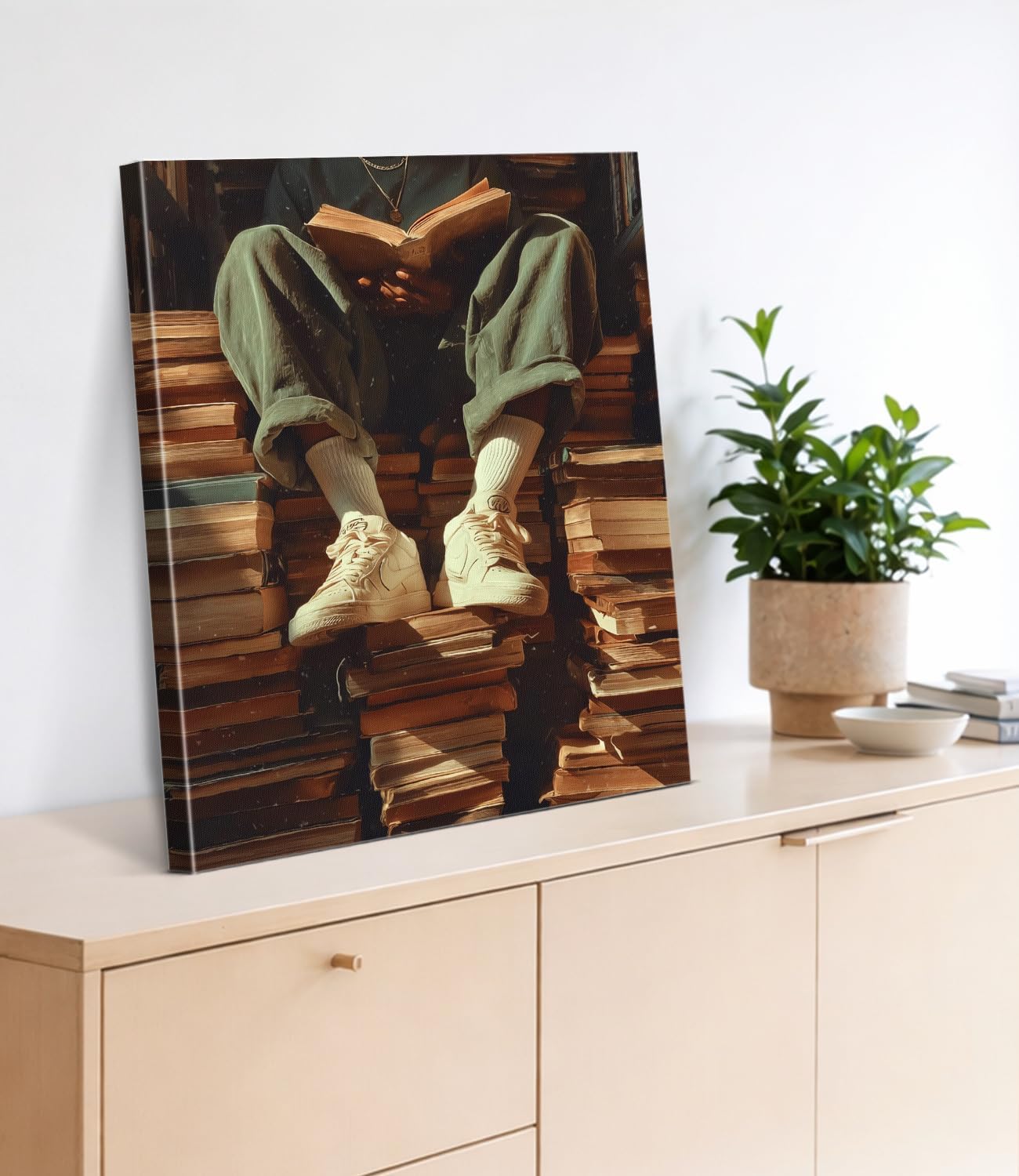 Black Man Reading Wall Art Print - Bookish Man on Books Canvas Poster Painting - Book Lover Gifts Wall Decor for Home Reading Nook Study 8x10 Inch Framed