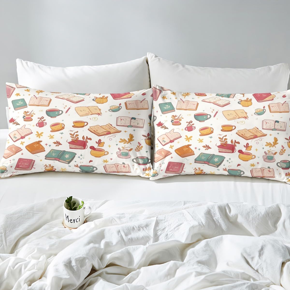 Erosebridal Cartoon Books Bed Sheets Set Coffee Botanical Maple Leaf Sheet Set Twin Autumn Reading Themed Sheets for Kids Boys Girls Teens Bedroom Decor