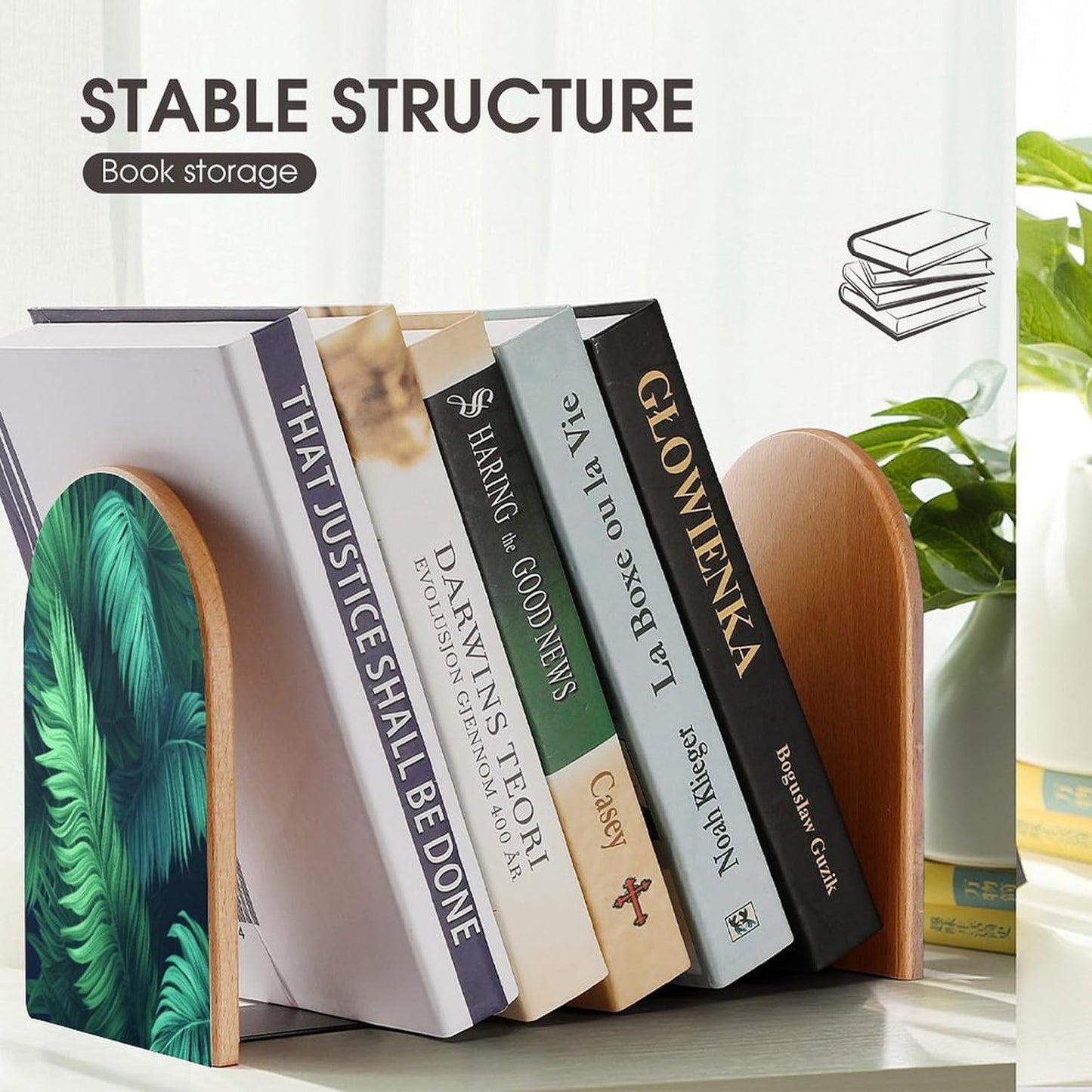 Tropical Palm Leaves Bookend for Shelves Wooden Book End Large Size Sturdy Book Holders Stoppers with Metal Base for Bookshelves Slick Decorative Bookends Stands