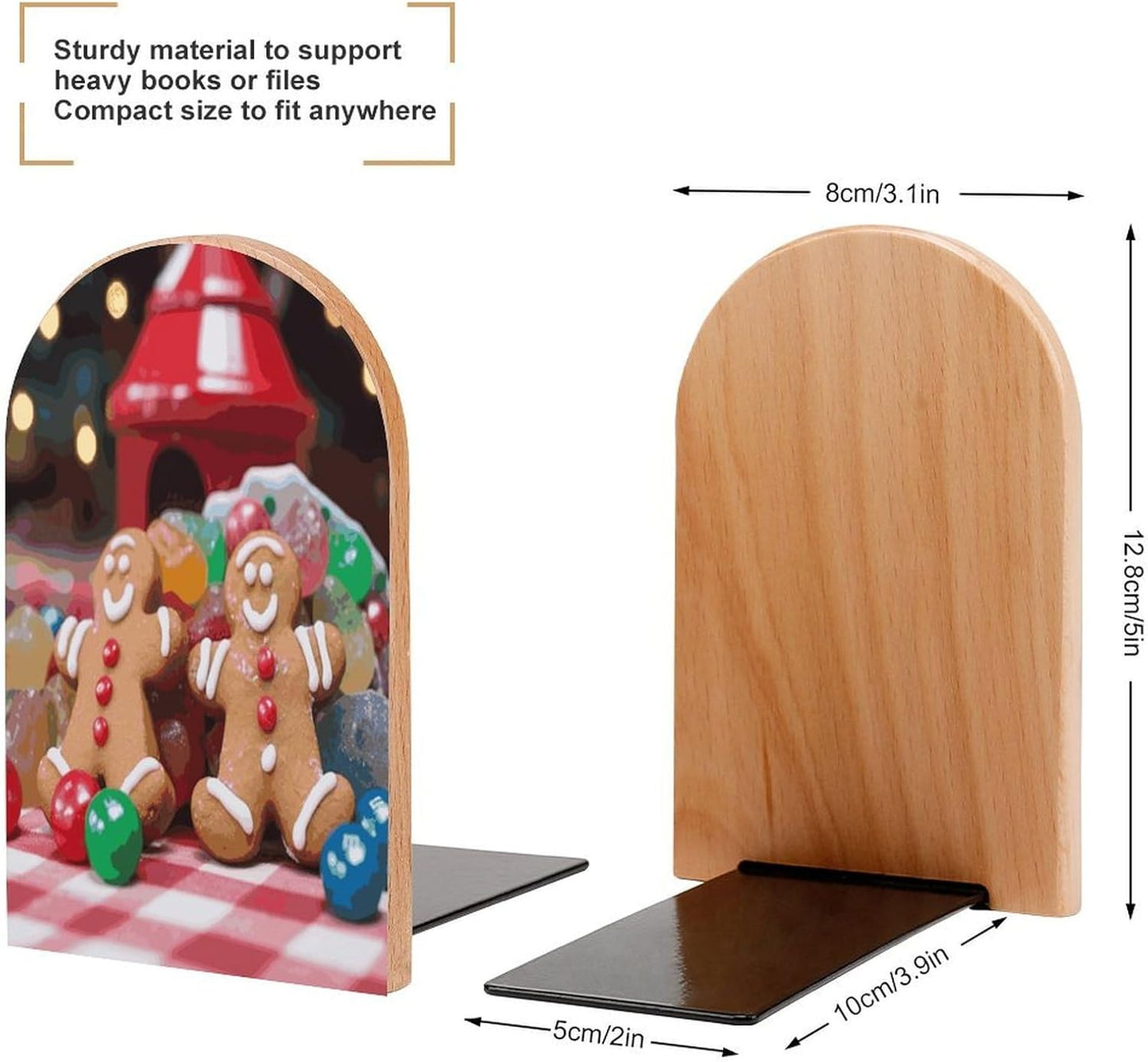 Gingerbread Man Candy Bookends 1 Pair Heavy Duty Book Ends for Shelves Non-Skid Bookend Supports Wooden Book Holders with Metal Base Desk Organizers Books Storage to Hold Books