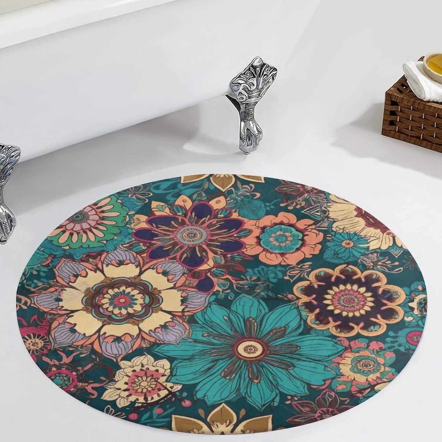 Bohemian Flower Circle Rug Retro Luxury Coral Velvet Floor Mat Non Slip Soft Indoor Floor Carpet Comfy Thickened Area Rugs Modern Aesthetic Minimalist Carpets for Home Decor