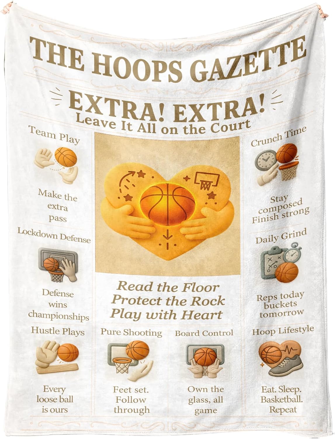 Basketball Blanket for Boys Bedroom Decor, 60x50 Soft Flannel Fleece Throw, Vintage Newspaper Style Sports Blanket, Cozy Gift for Kids & Teens