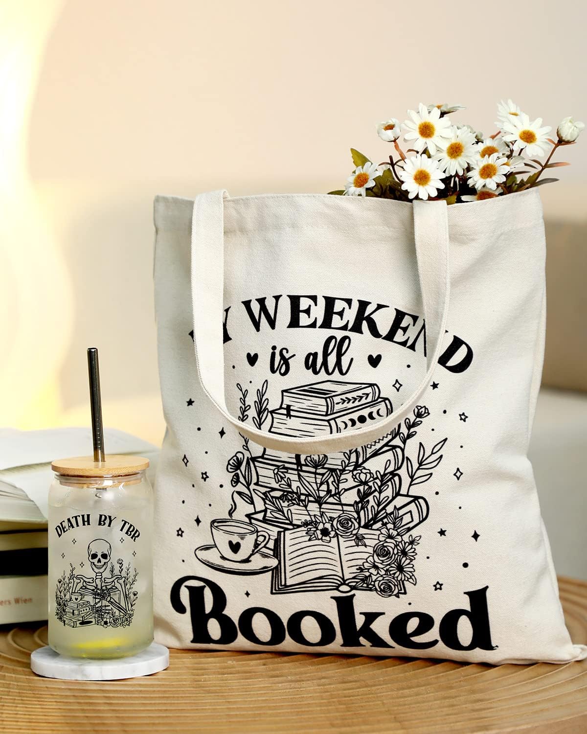 Tuitessine Bookish Gifts for Book Lover Readers Canvas Tote Bag Glass Cup Set Women Teacher Appreciation Gifts Family Birthday Presents