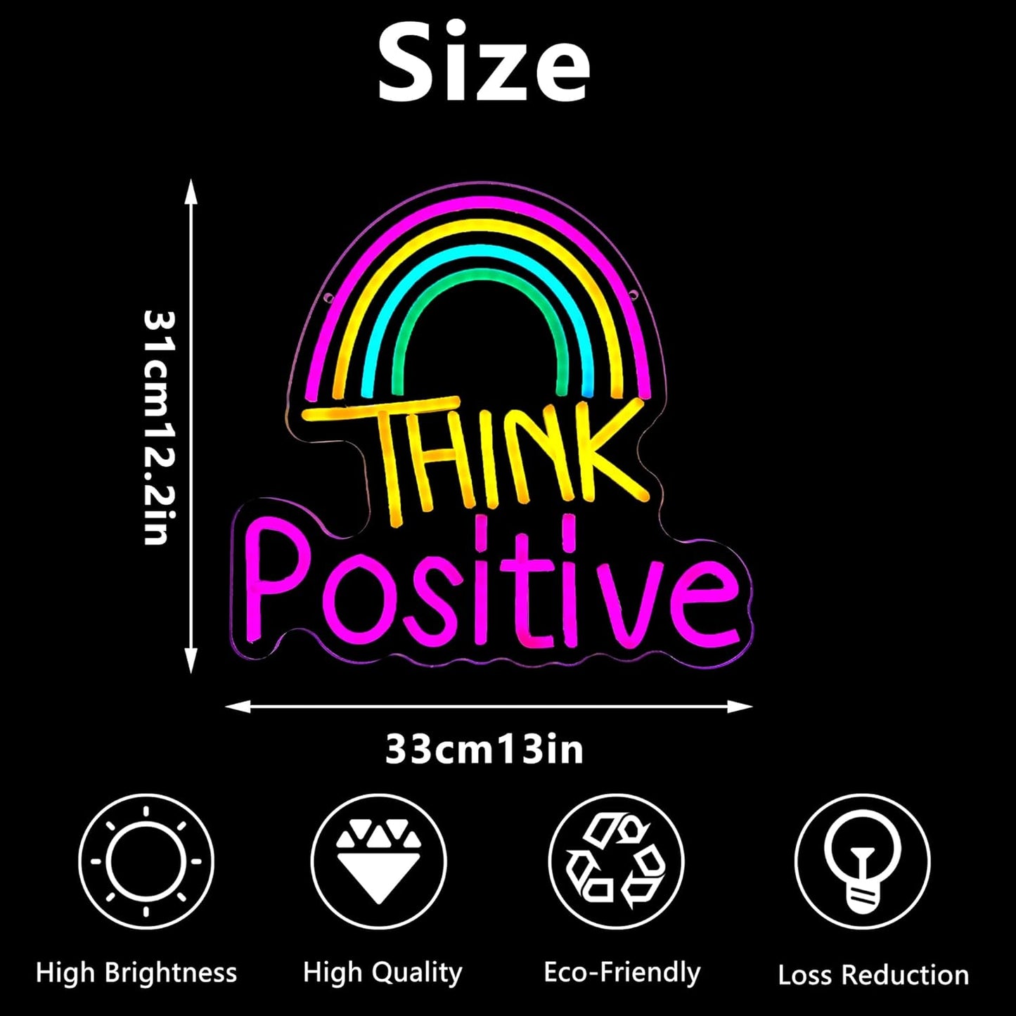 Think Positive Neon Sign, Think Positive Led Rainbow Neon Sign for Wall Decor, Neon Wall Art, USB Powered for Bedroom Decor Man Cave Bar Pub Wedding Christmas Birthday Party Gift (13x12.2in)