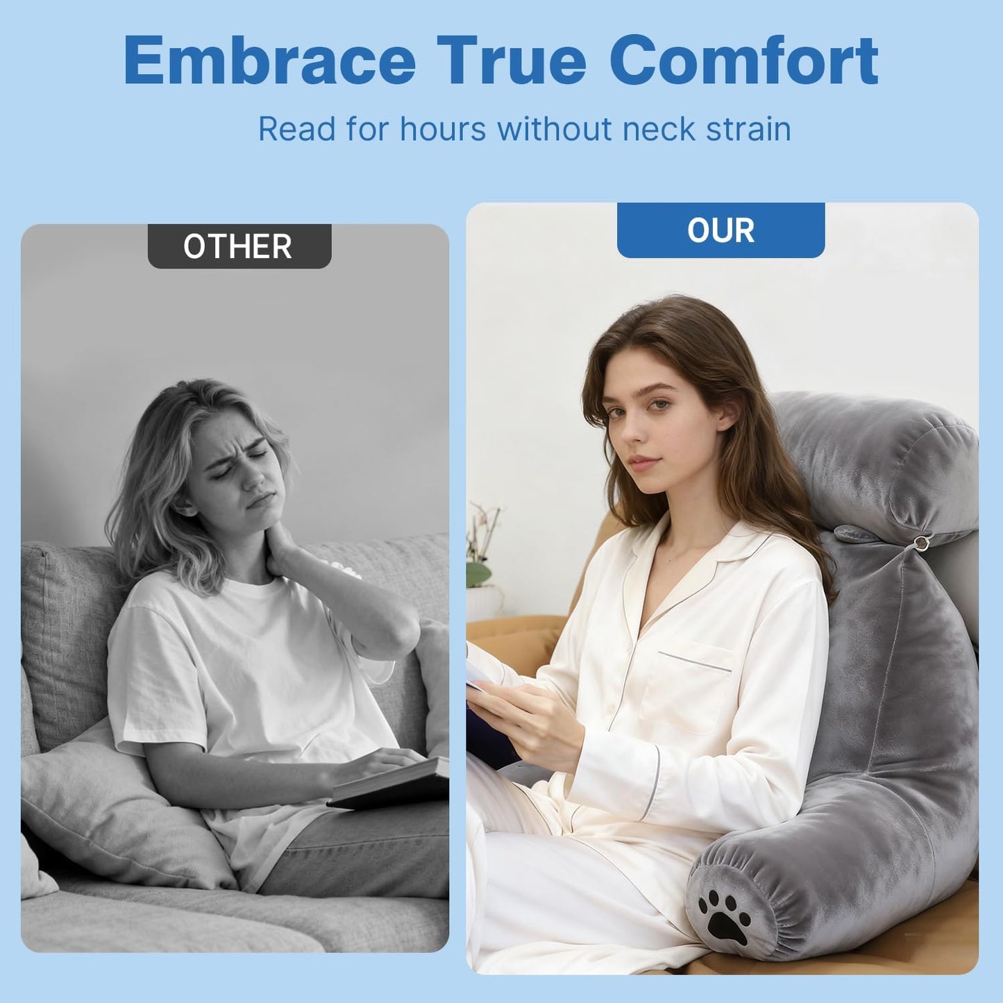 Reading Pillow Plus, Crystal Velvet Back Pillow Bed Sitting Up for Adult & Children, Back Rest Pillow Support for Reading & Rest Bed, Add Height and Removable Pillows, Dorm Essentials, Grey