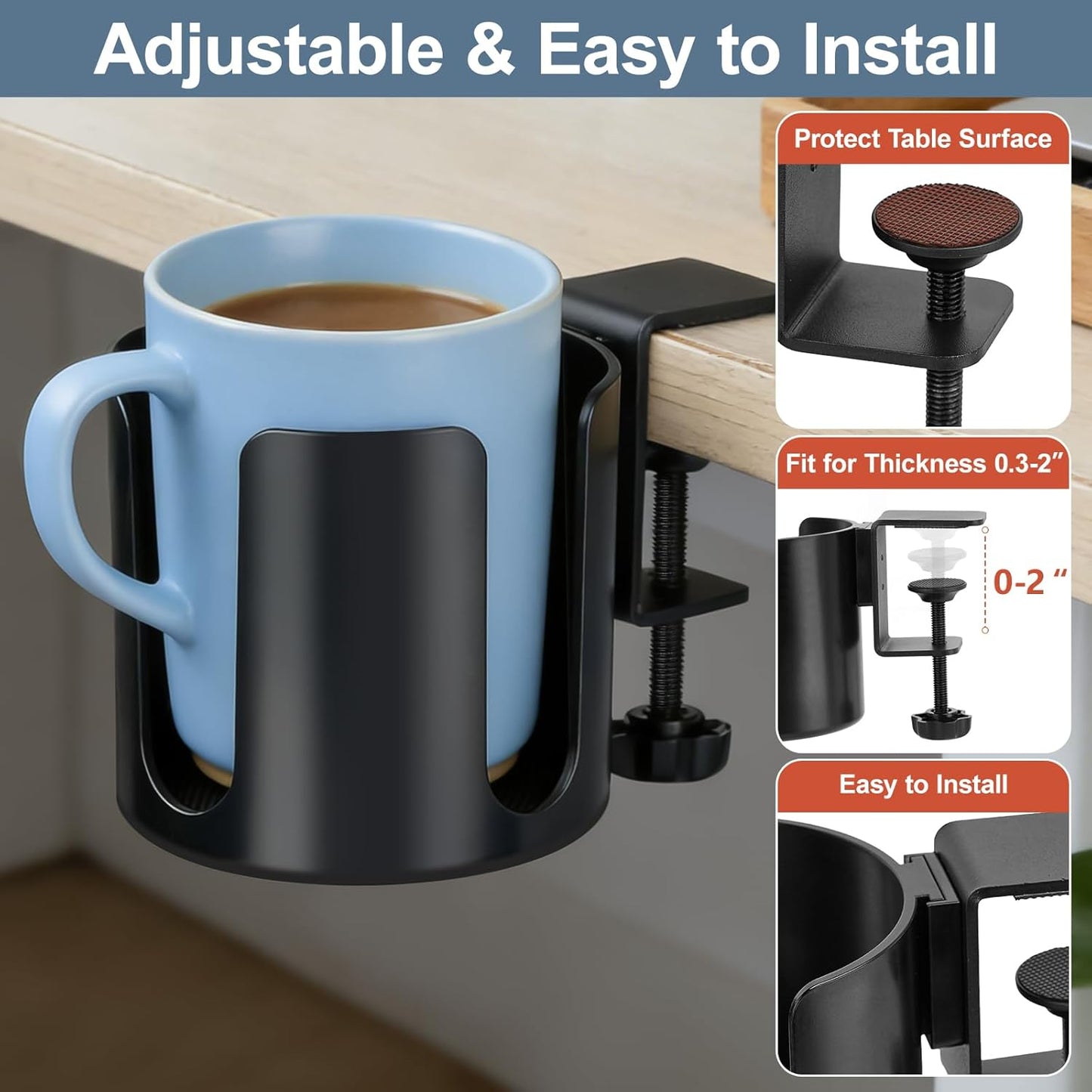 Large Desk Cup Holder Clamp, Anti-Spill Cup Holder Clip on Table or Chair Armrests, Easy to Install, Diameter 3.9 Inch, Fit Most Cups Coffee Mugs Bottles and Drinks -Black