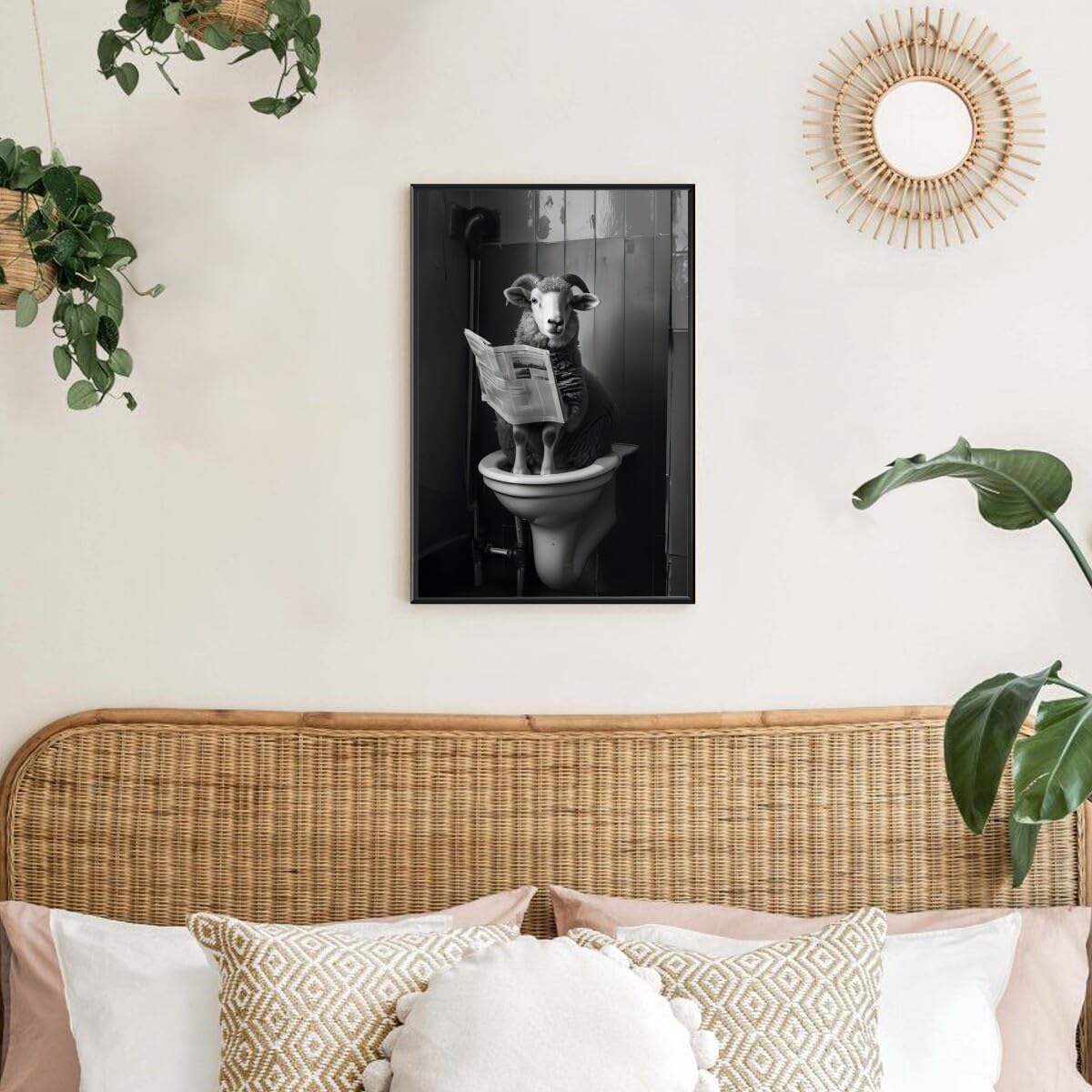 Black and White Animal wall art Funny Bathroom wall decor Sheep Sitting on Toilet Reading Newspaper Canvas Print poster Room decoration aesthetics for Rustic Farmhouse Restroom black framed8x12inch