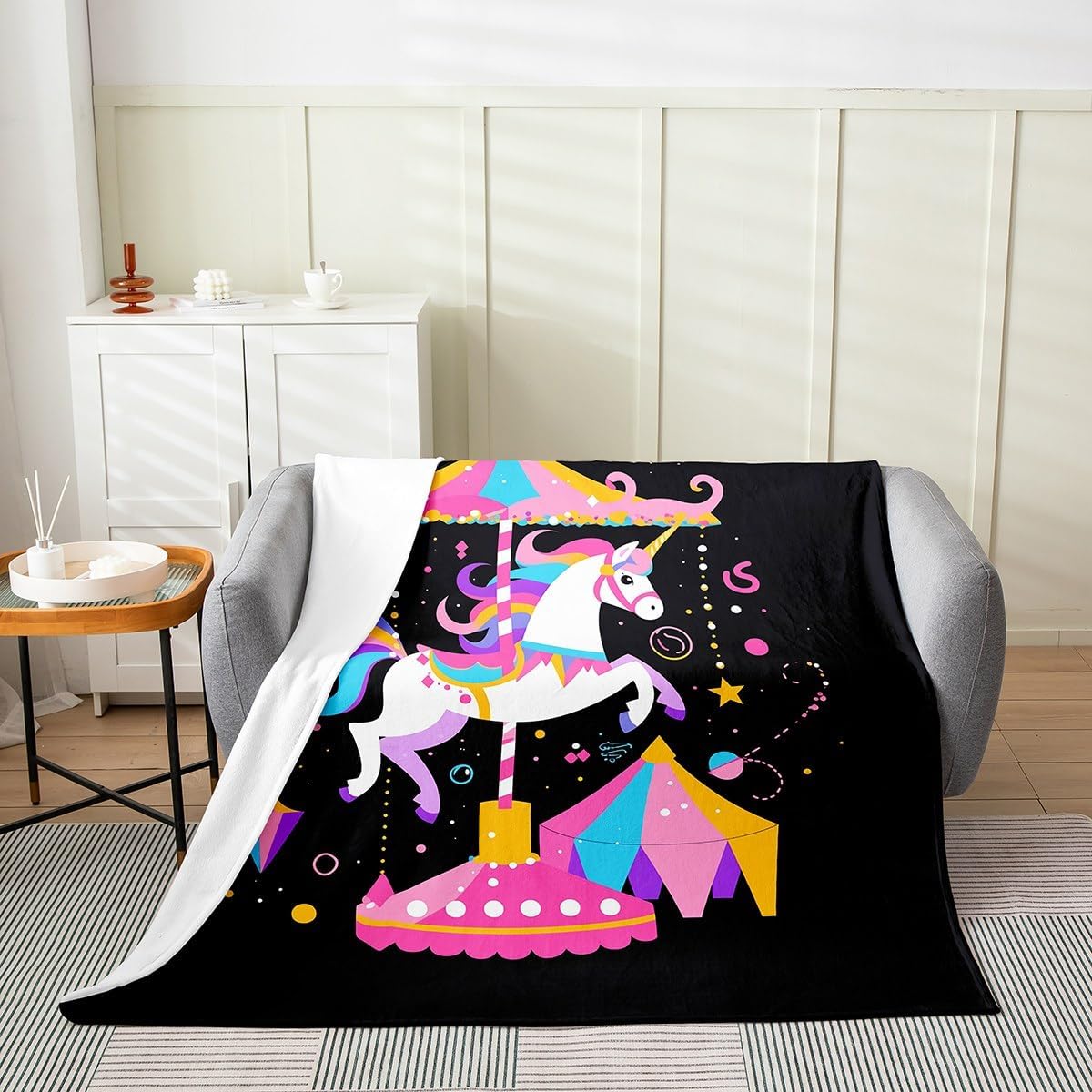Erosebridal Cartoon Unicorn Fleece Blanket 40x50 Rainbow Throw Blanket Magical Animal Blanket Horse Carousel Flannel Blanket for Bedroom Living Room for Kids Boys Girls Lightweight