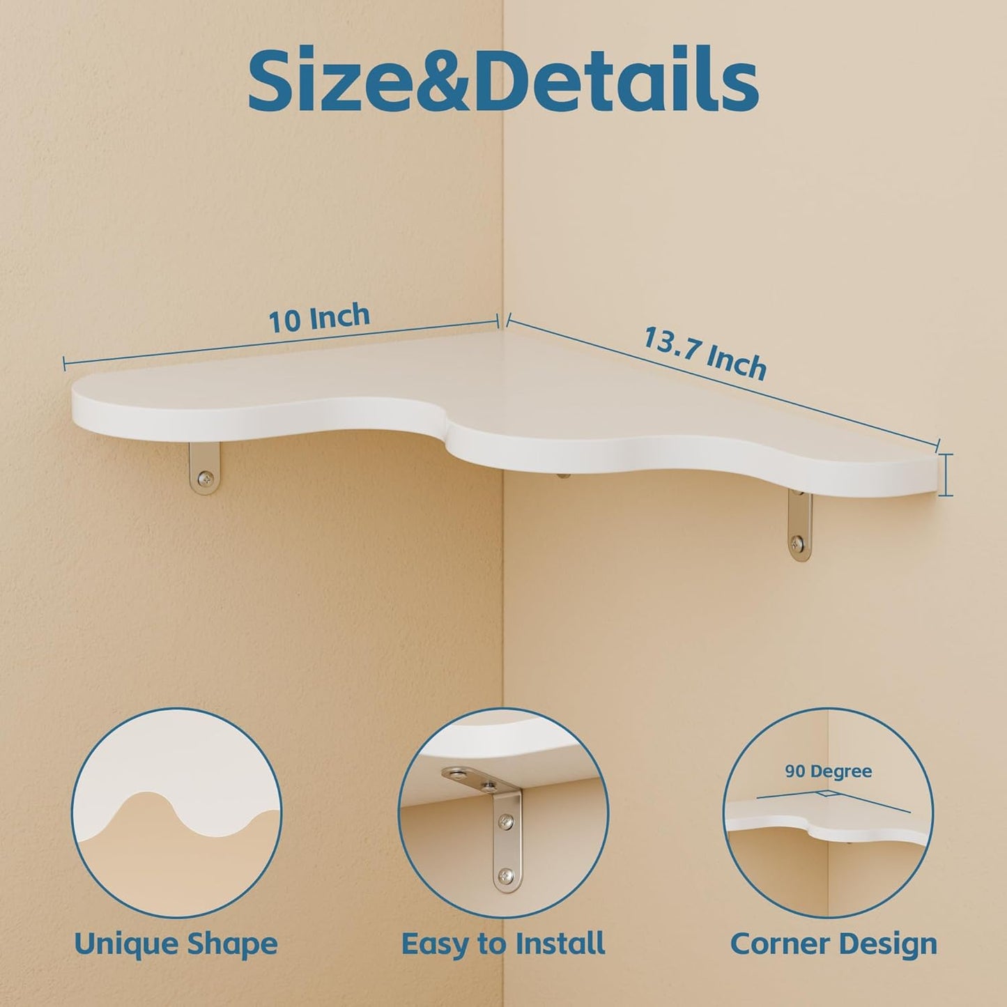 Cute Cloud Corner Shelves - Set of 2 White Wooden Floating Corner Shelves Wall Mounted, 90-Degree Space-Saving Nursery Shelves with Brackets, Kids Room Decor for Bedroom,Living Room,Bathroom